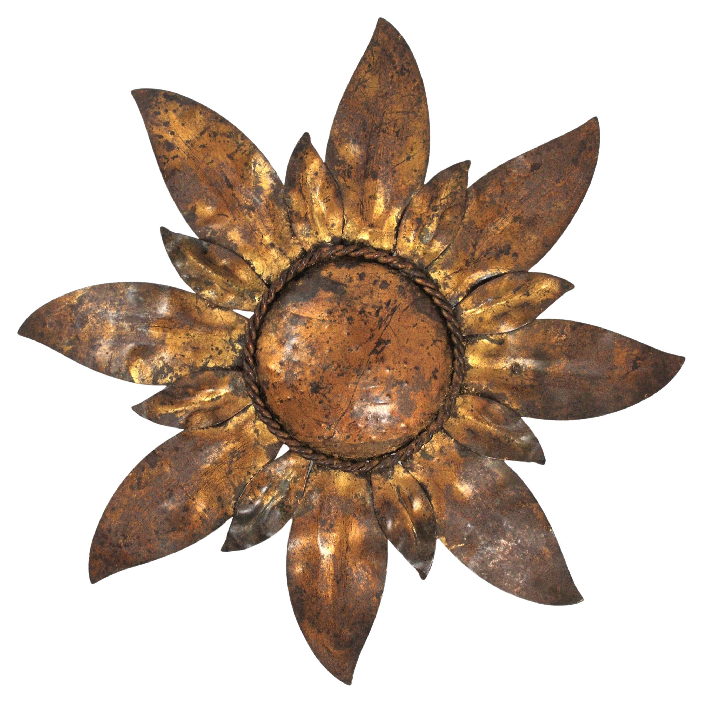 French Flower Sunburst Light Fixture / Flush Mount in Gilt Iron, 1940s For Sale