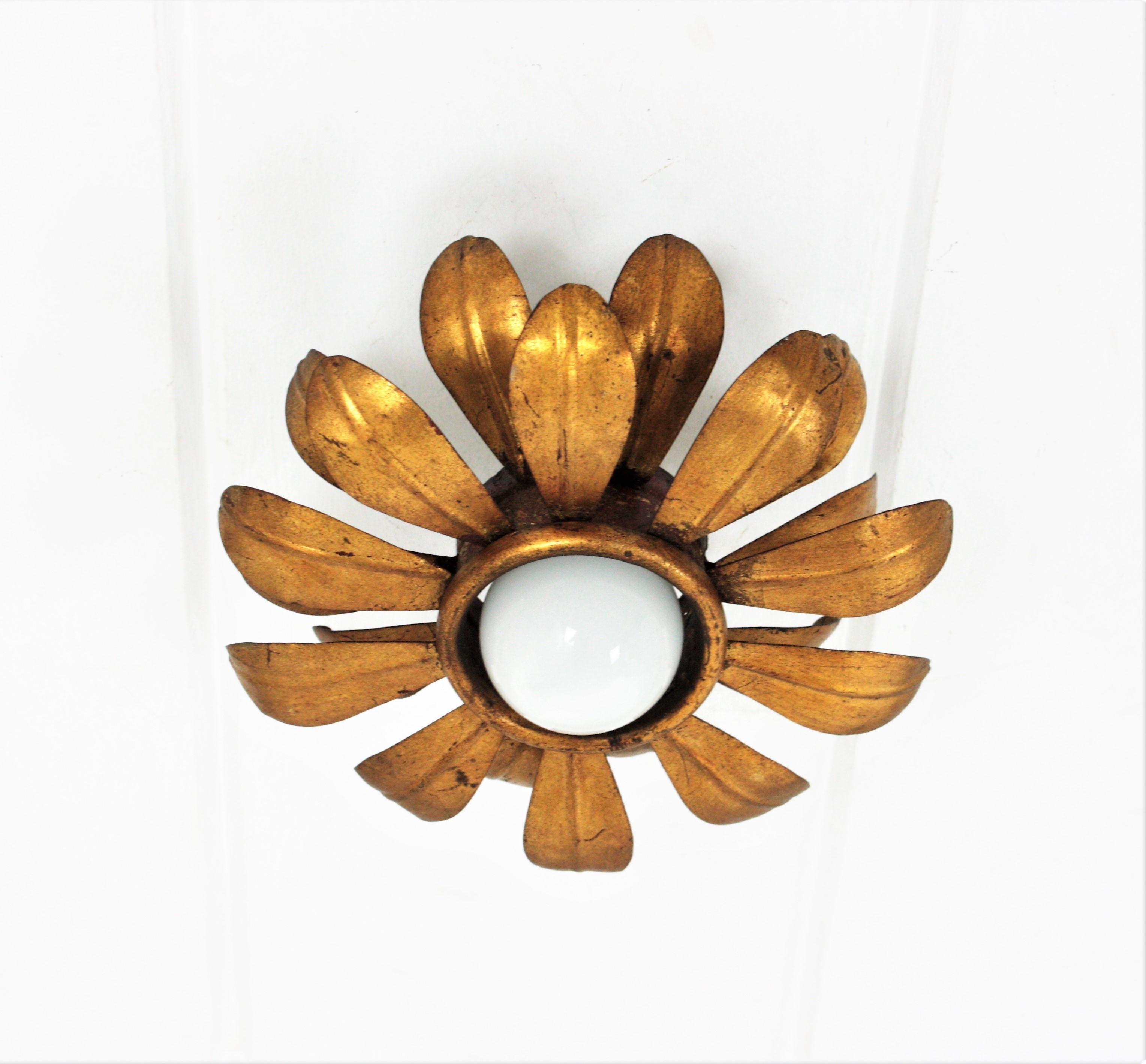 French Flower Sunburst Light Fixture or Pendant in Gilt Iron For Sale 3