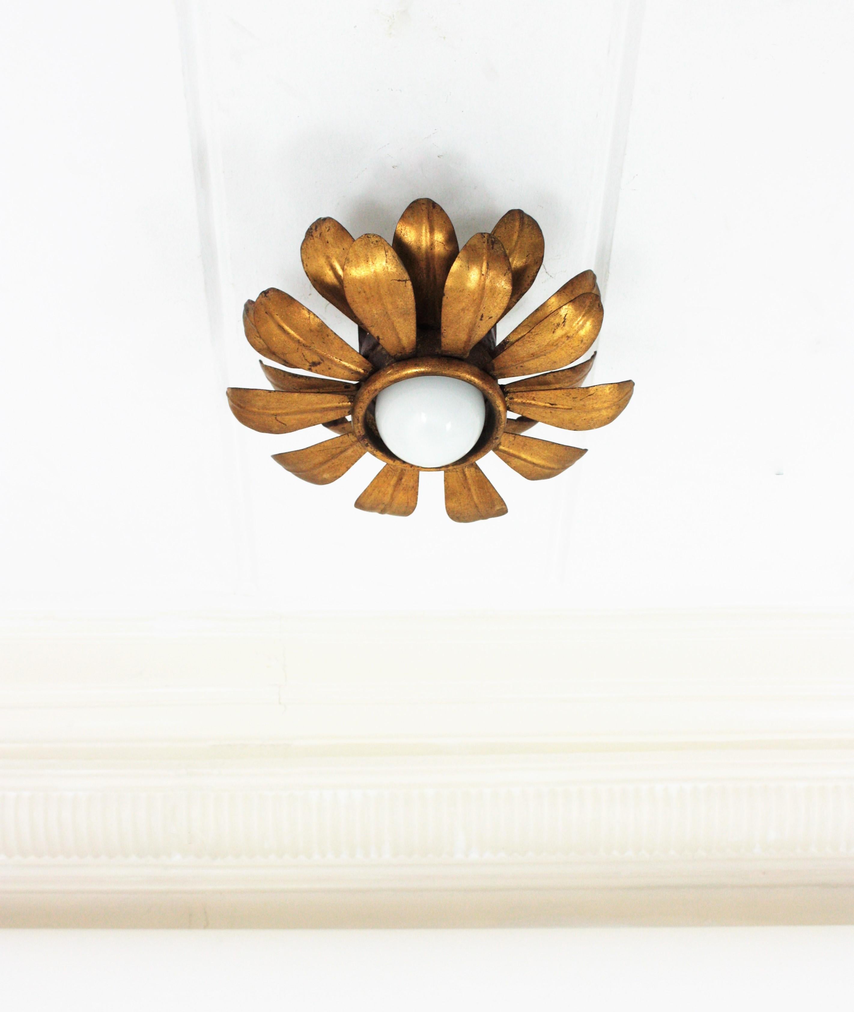 Mid-Century Modern French Flower Sunburst Light Fixture or Pendant in Gilt Iron For Sale