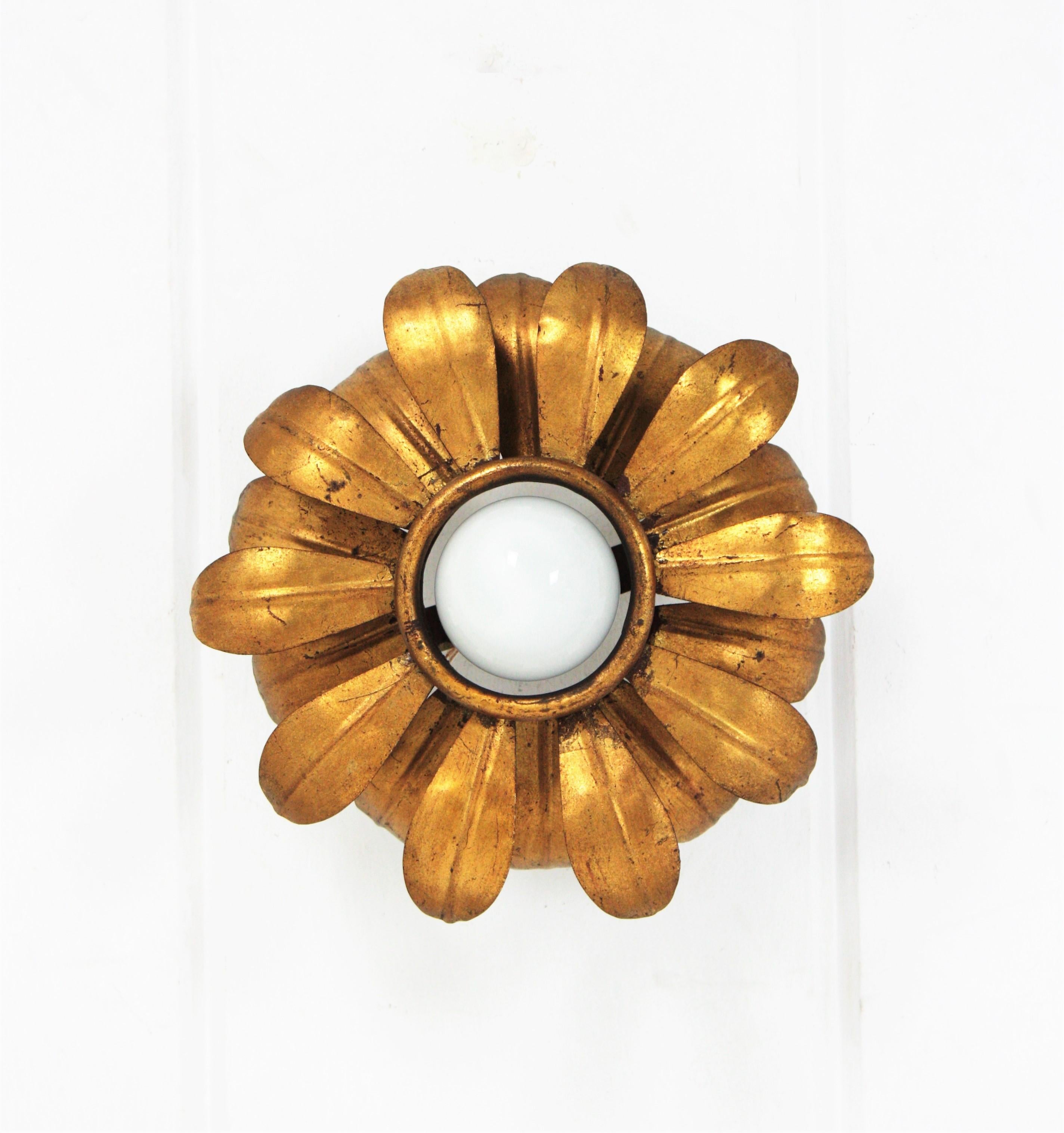Hand-Crafted French Flower Sunburst Light Fixture or Pendant in Gilt Iron For Sale