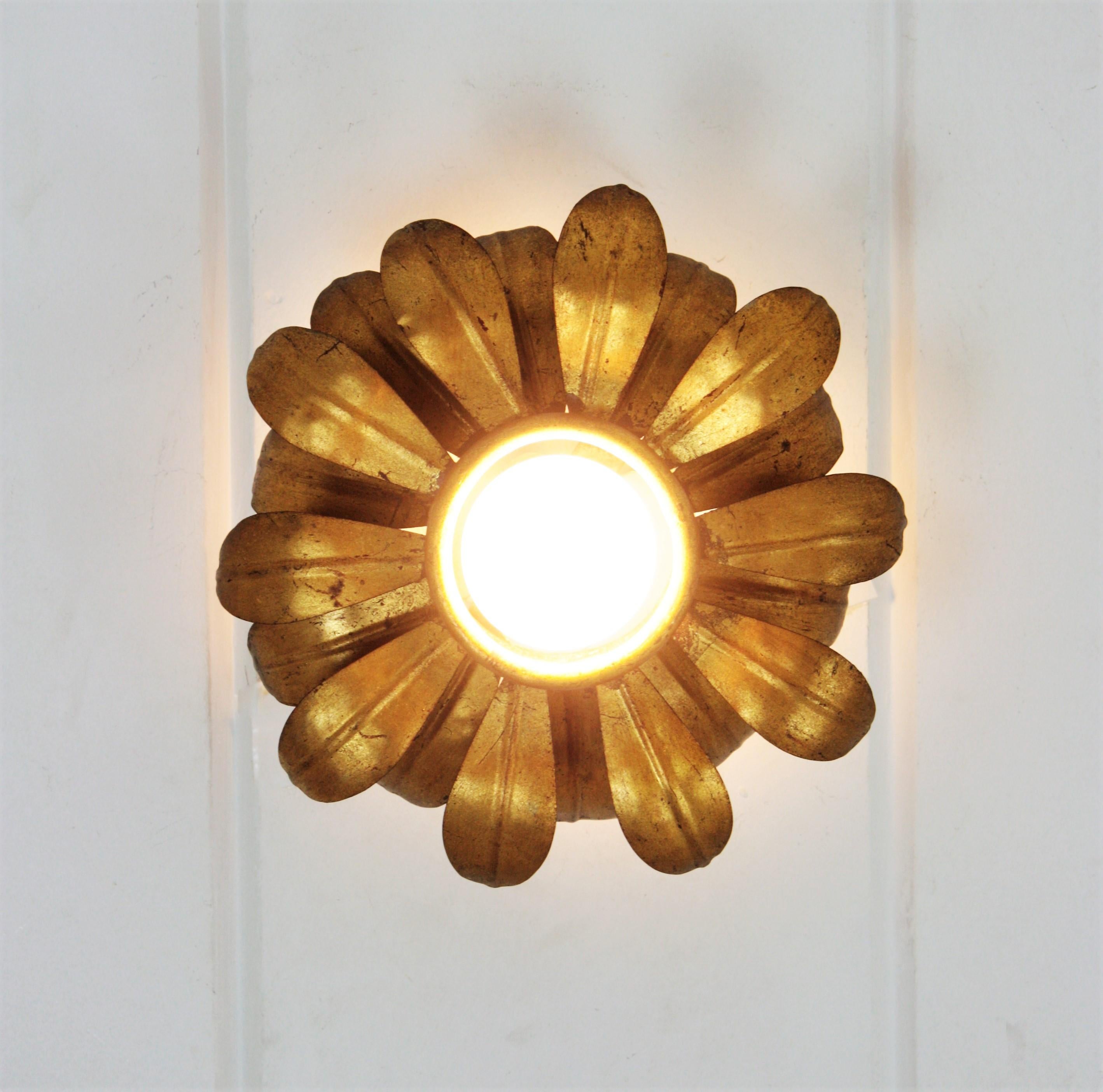 French Flower Sunburst Light Fixture or Pendant in Gilt Iron In Good Condition For Sale In Barcelona, ES