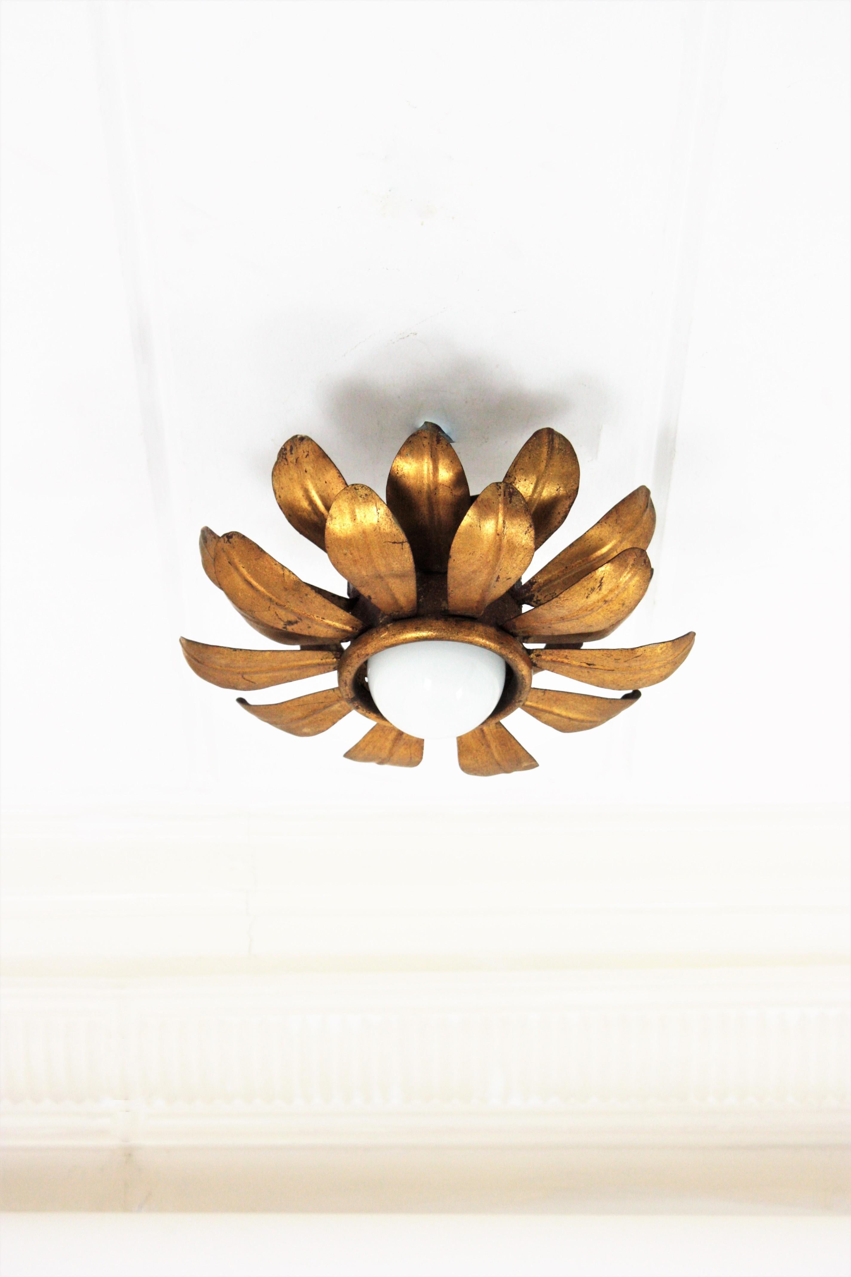20th Century French Flower Sunburst Light Fixture or Pendant in Gilt Iron For Sale