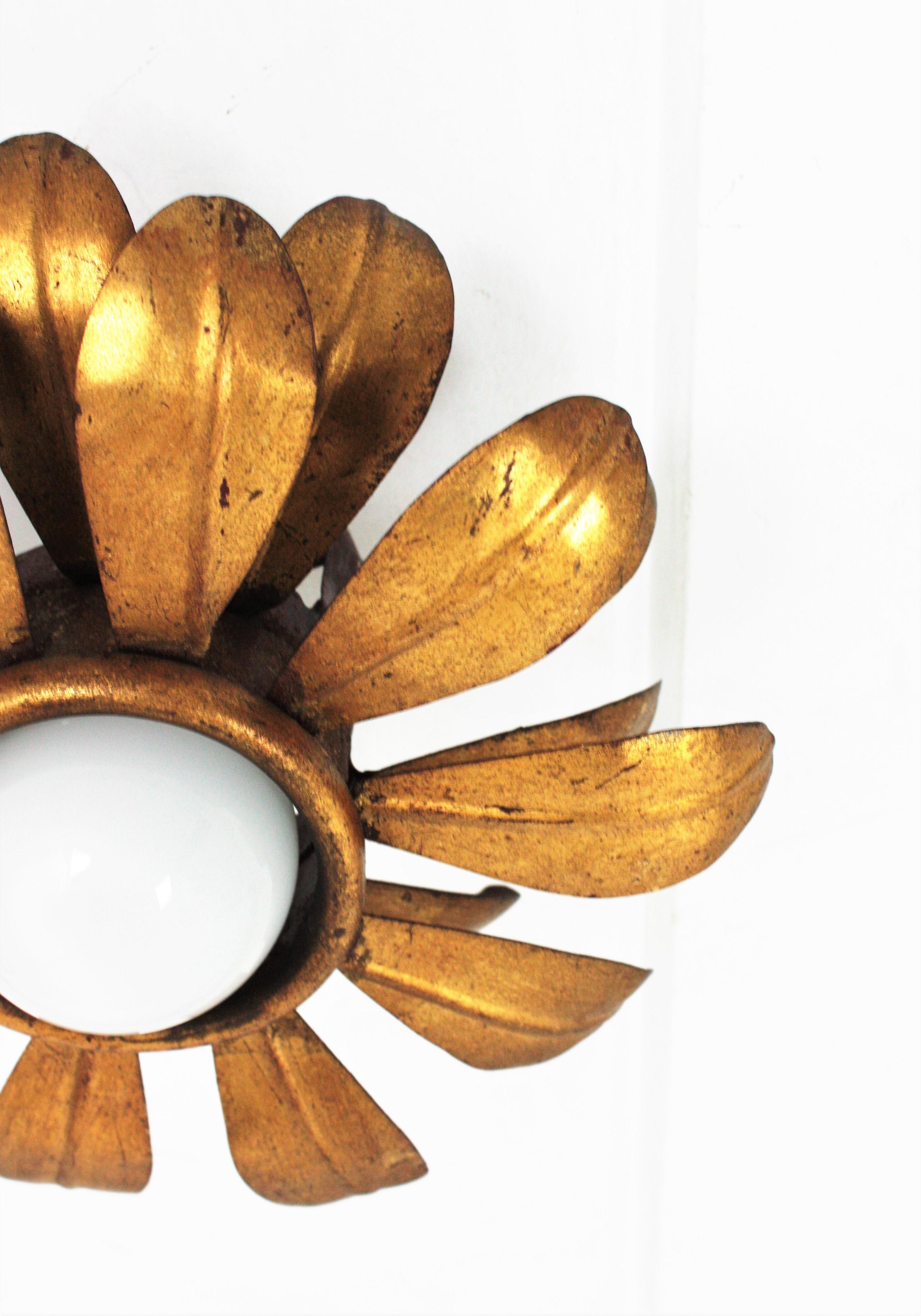 French Flower Sunburst Light Fixture or Pendant in Gilt Iron For Sale 2