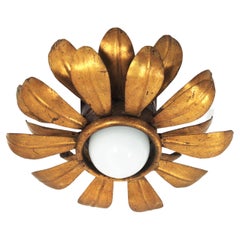 Vintage French Flower Sunburst Light Fixture or Pendant in Gilt Iron