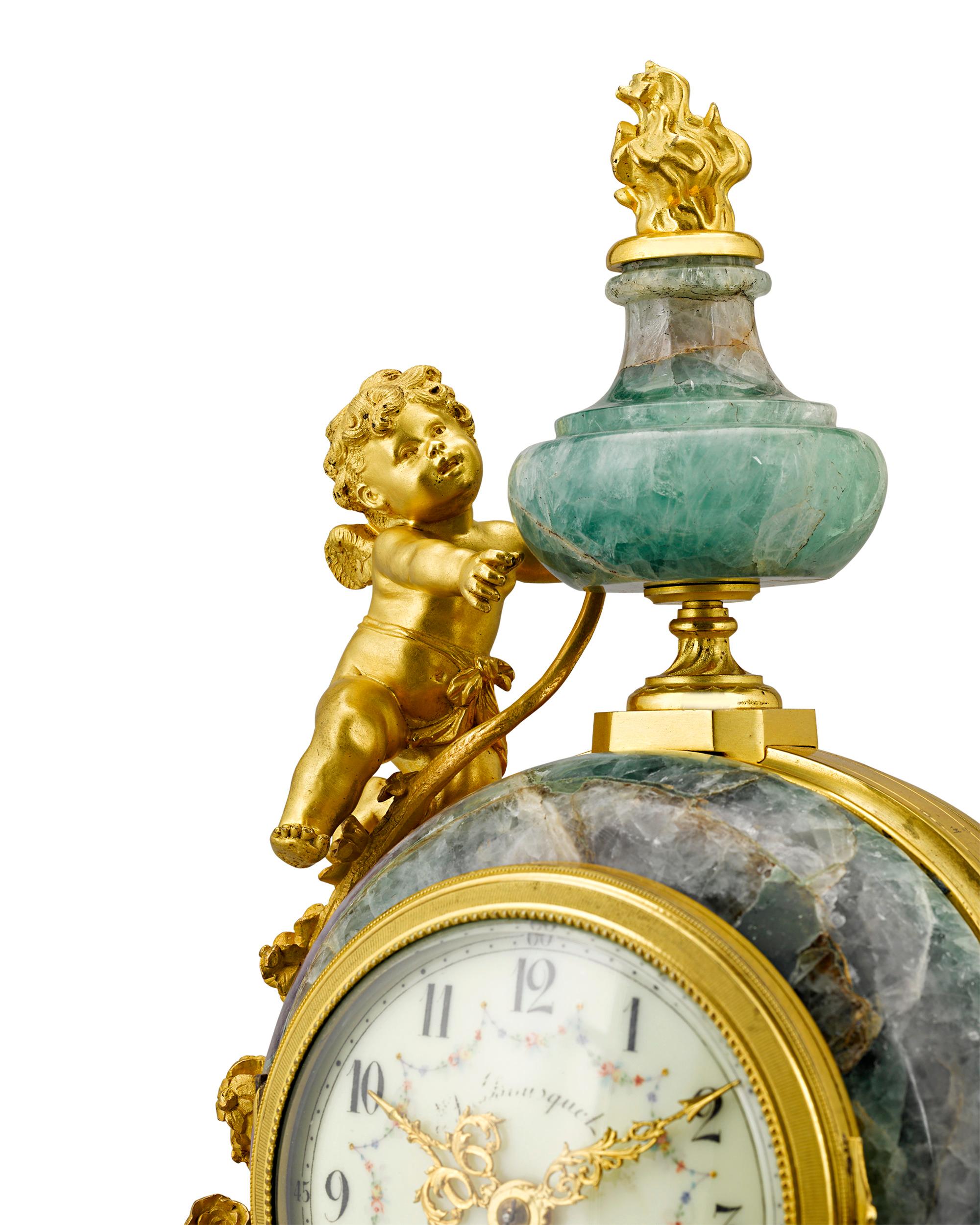 French Fluorspar and Ormolu Clock Garniture In Excellent Condition For Sale In New Orleans, LA