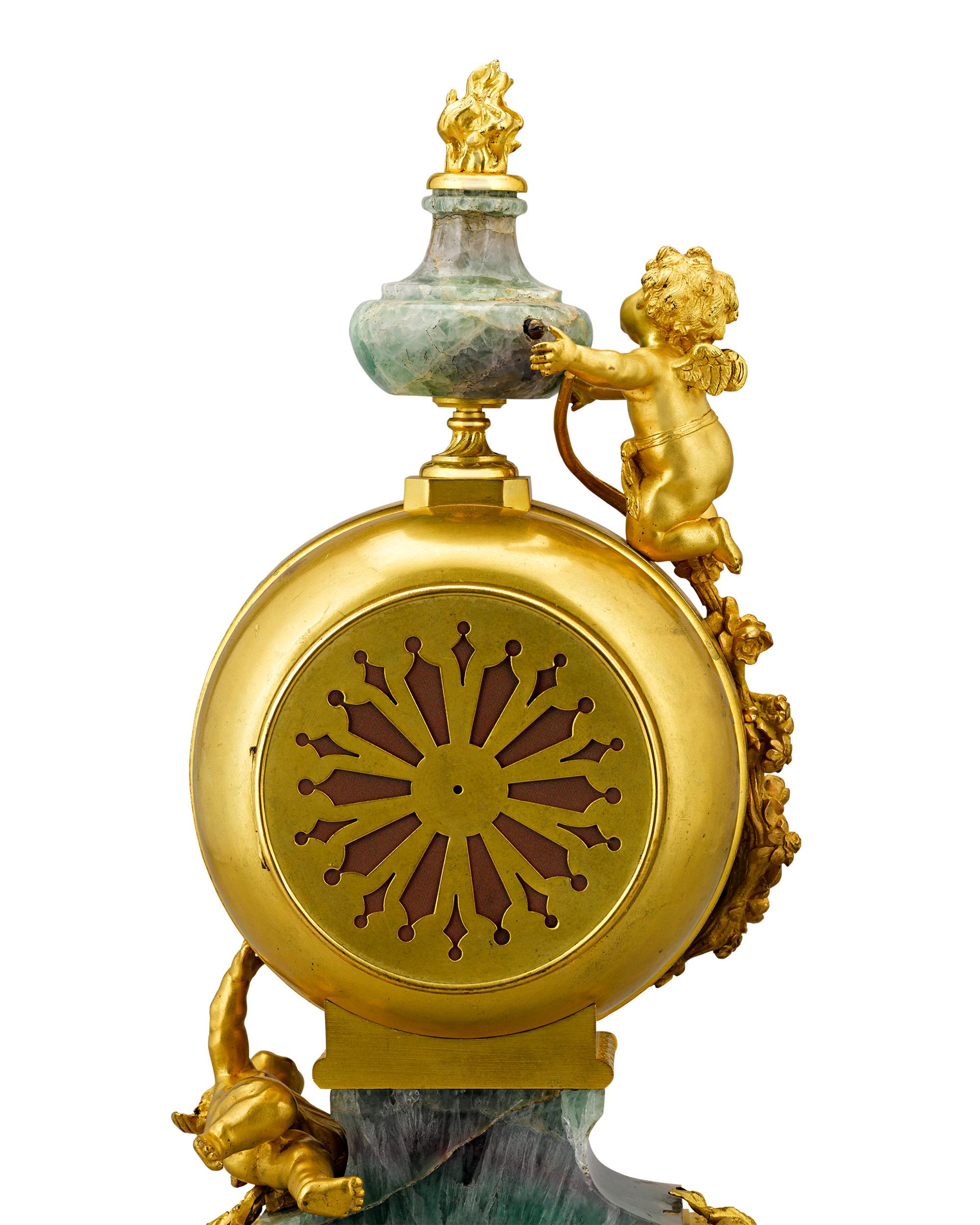 Bronze French Fluorspar and Ormolu Clock Garniture For Sale