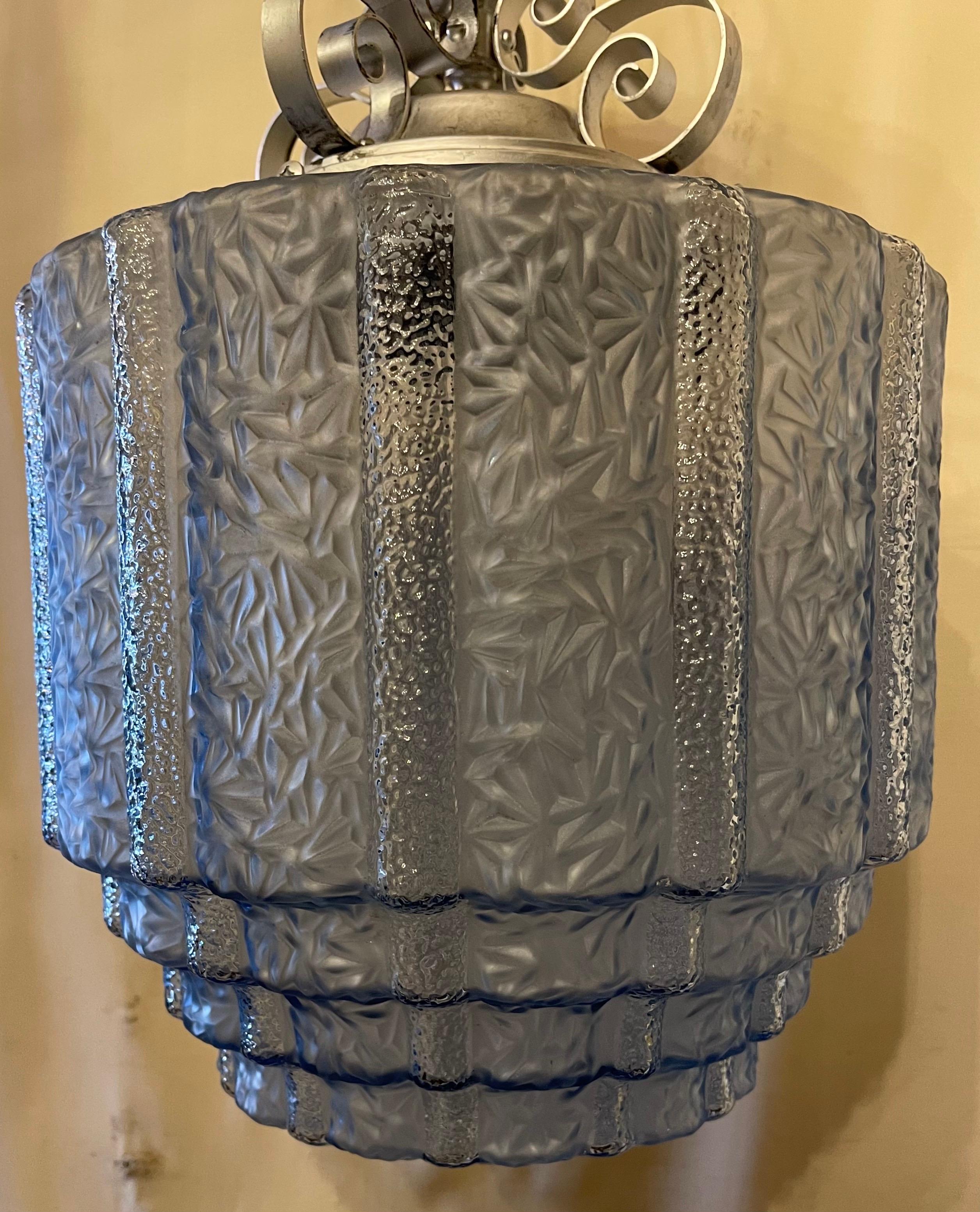 French Flush Mid Century Modern Art Deco Glass Silvered Lantern Pendent Fixture In Good Condition In Roslyn, NY