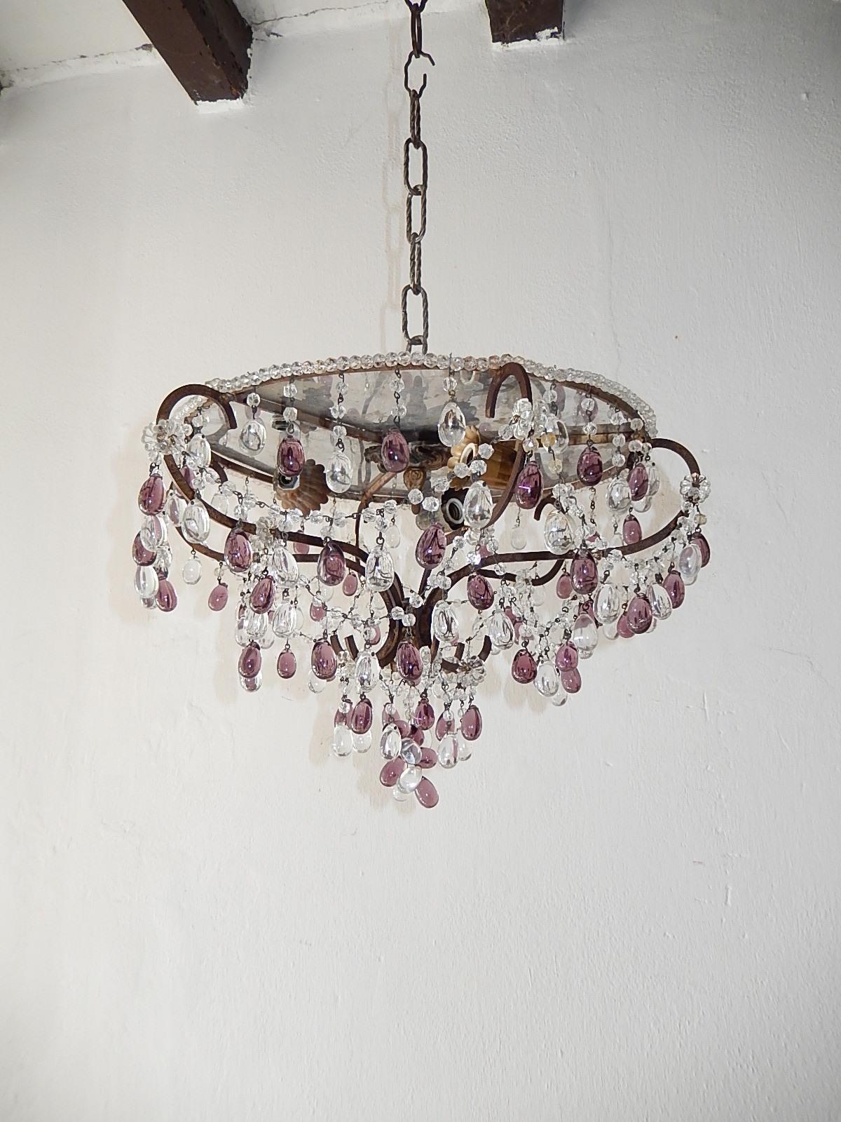 French Flush Mount Beaded Dome Maison Baguès Amethyst Drops Chandelier In Excellent Condition In Modena (MO), Modena (Mo)