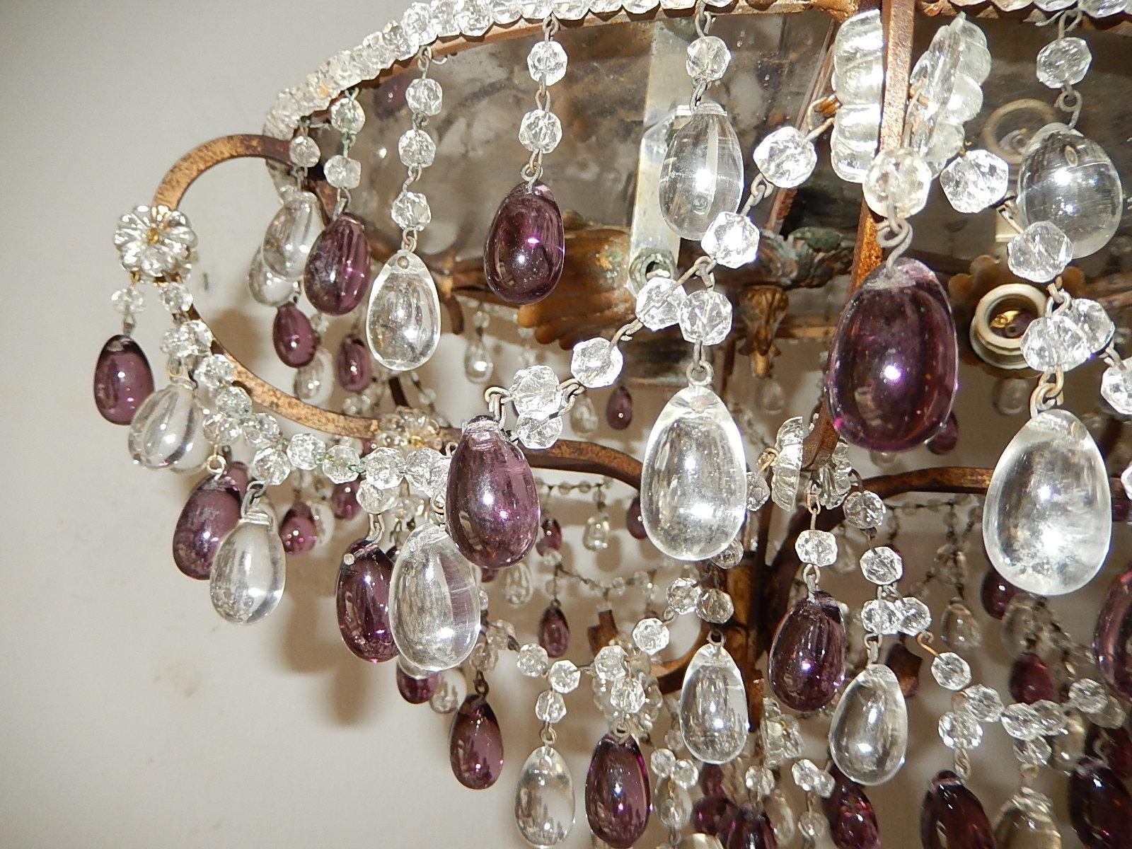 Early 20th Century French Flush Mount Beaded Dome Maison Baguès Amethyst Drops Chandelier