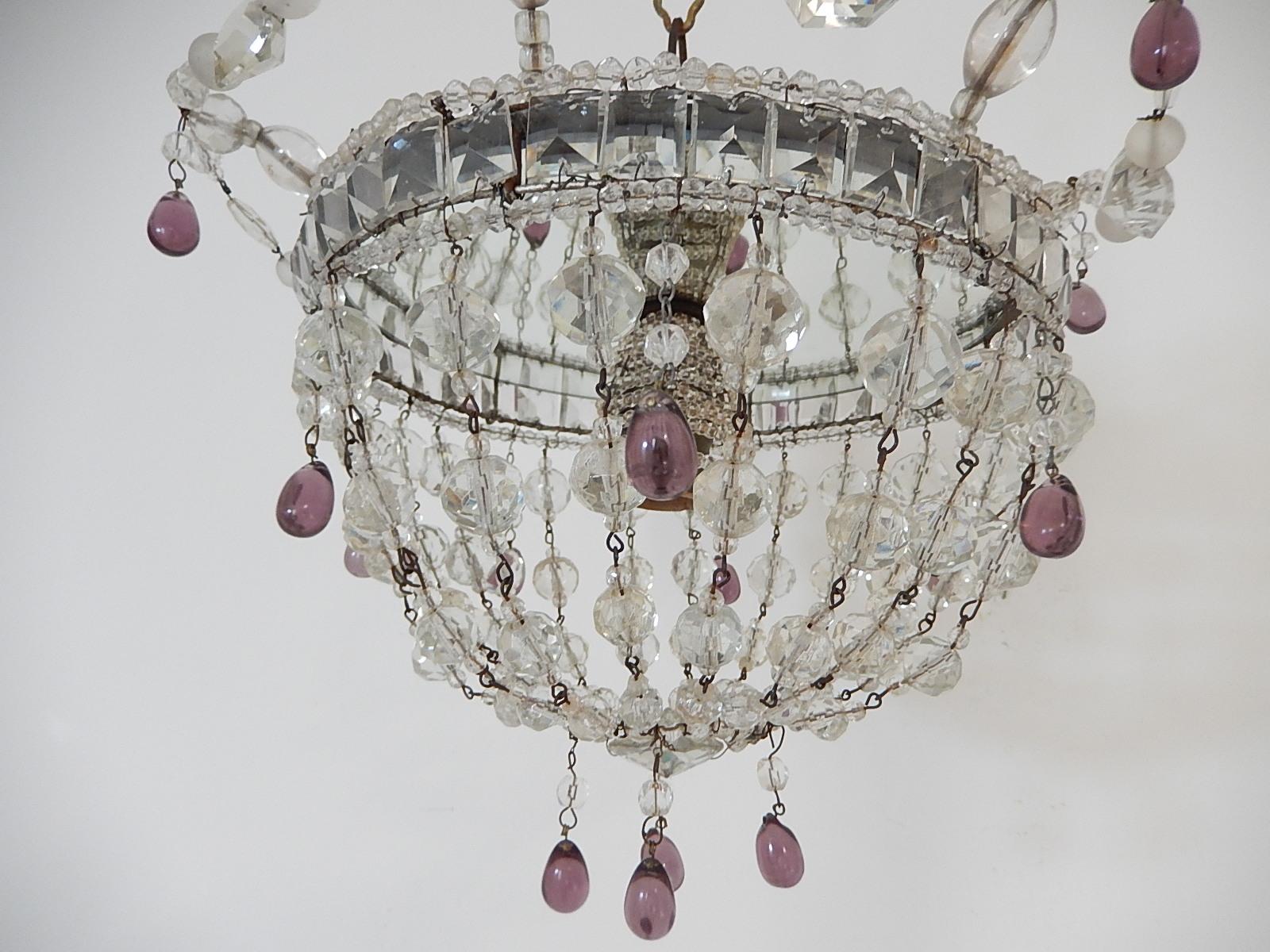 Early 20th Century French Flush Mount Beaded Maison Baguès Beaded Amethyst Mirror Chandelier 1920s