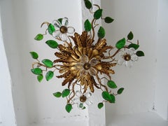 French Flush Mount Maison Baguès Crystal Flowers and Green Leaves Chandelier