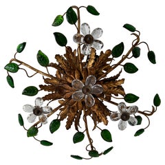 French Flush Mount Maison Baguès Crystal Flowers and Green Leaves Chandelier