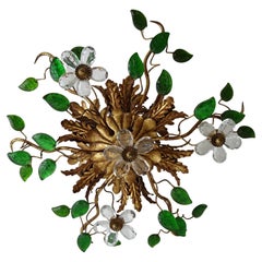 French Flush Mount Maison Baguès Crystal Flowers and Green Leaves Chandelier