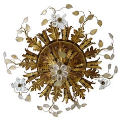 French Flush Mount Maison Baguès Crystal Flowers and Leaves Chandelier 15 Lights