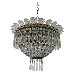 French Flush Mount Murano Glass Empire Dome Crystal Chandelier, c 1940