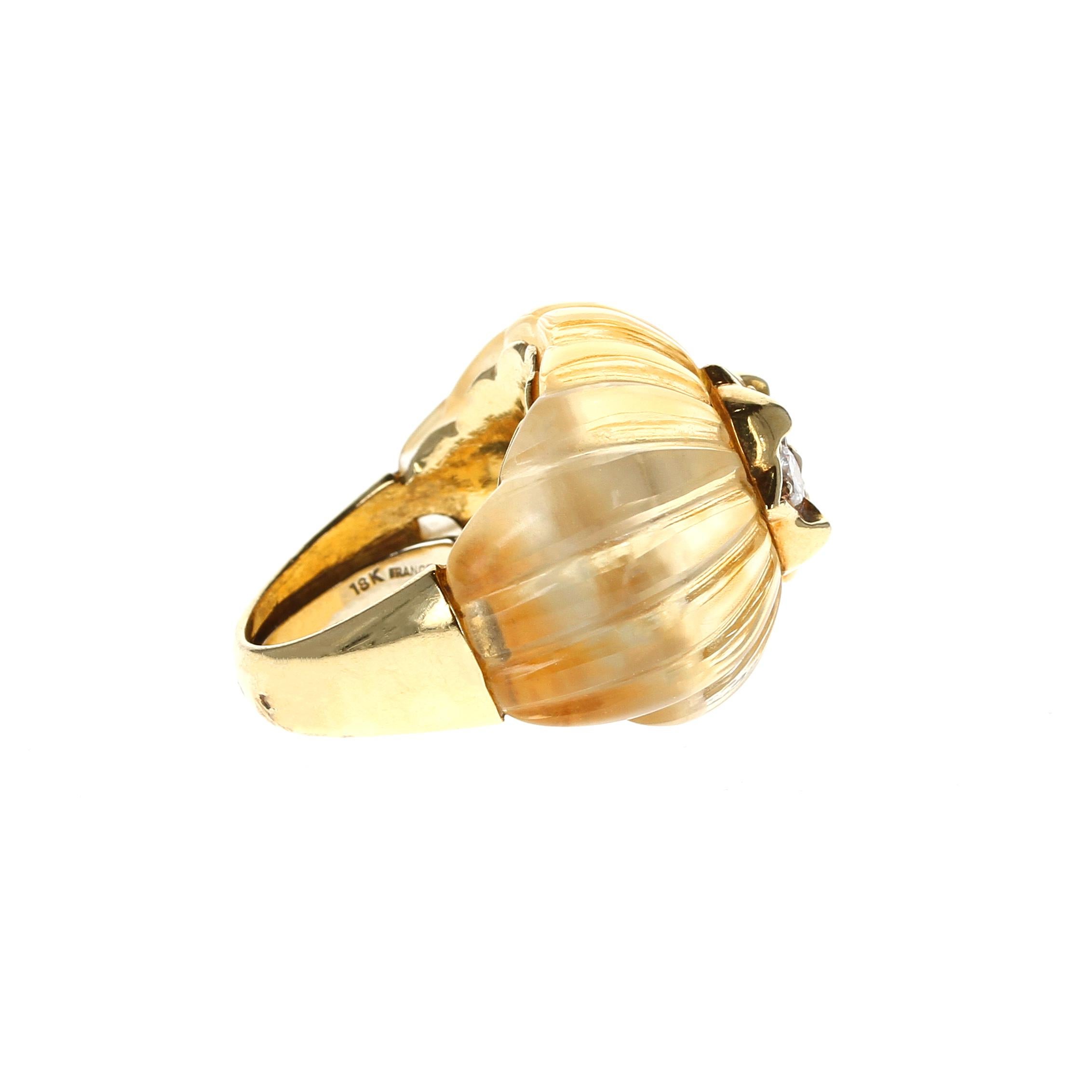 Retro French Fluted Citrine and Diamond Yellow Gold Ring