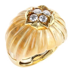 French Fluted Citrine and Diamond Yellow Gold Ring