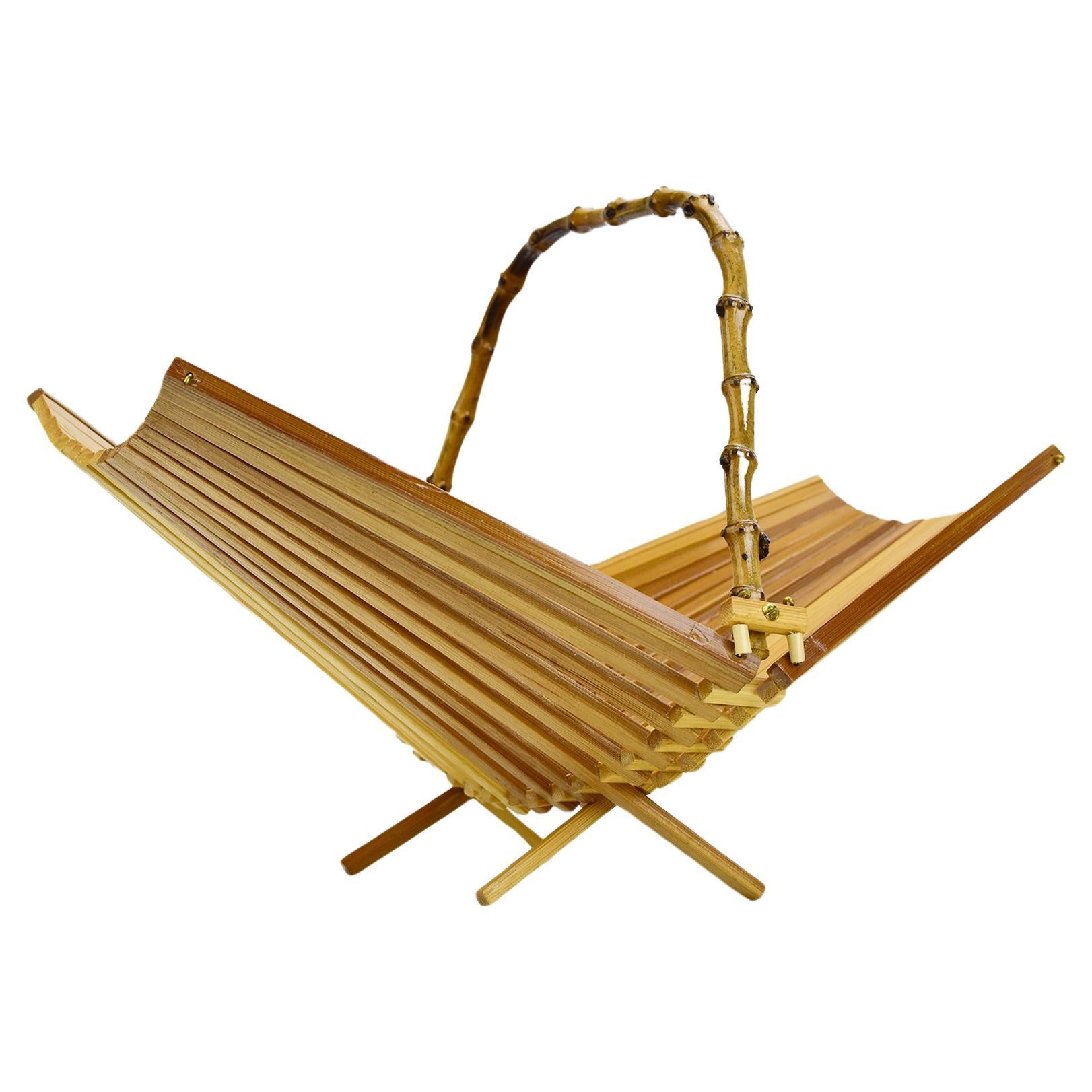 French Foldable Bamboo Lattice Fruit Basket Bowl Mid Century Modern Tiki Boho