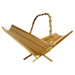 French Foldable Bamboo Lattice Fruit Basket Bowl Mid Century Modern Tiki Boho