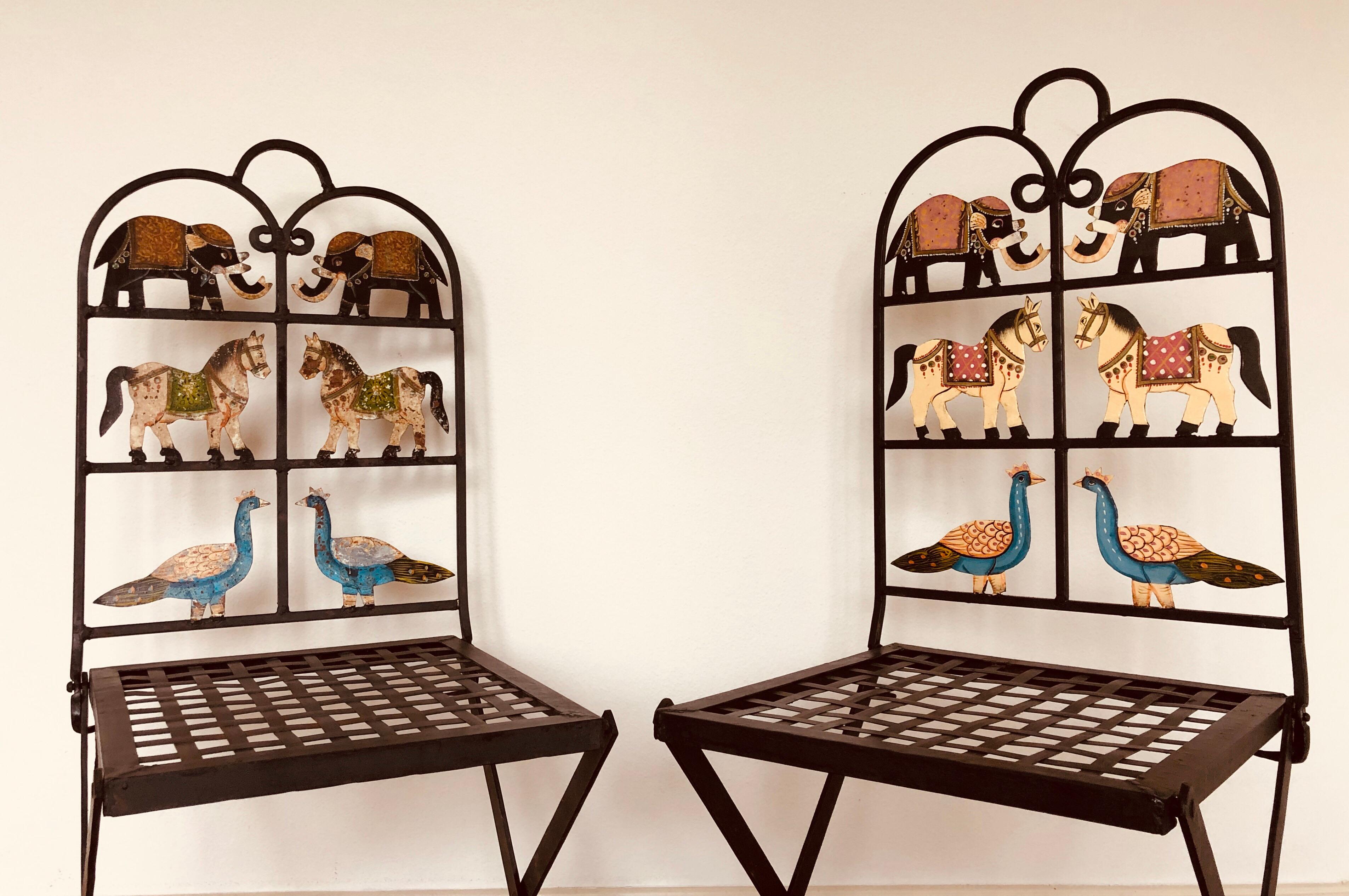 French Foldable Pair of Wrought Iron Garden Chairs with Animals Elephants Horse 6