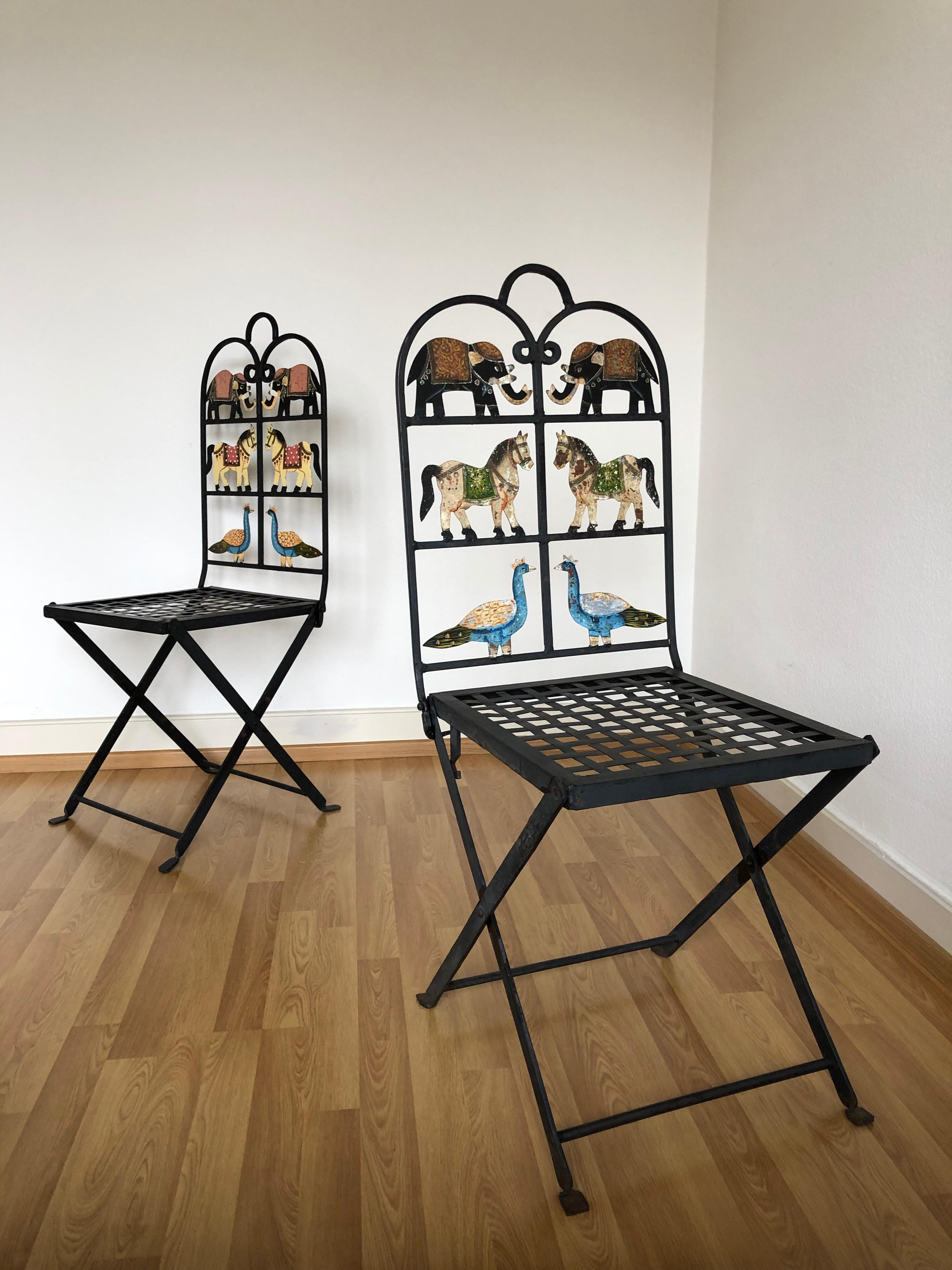 French Foldable Pair of Wrought Iron Garden Chairs with Animals Free Shipping 9