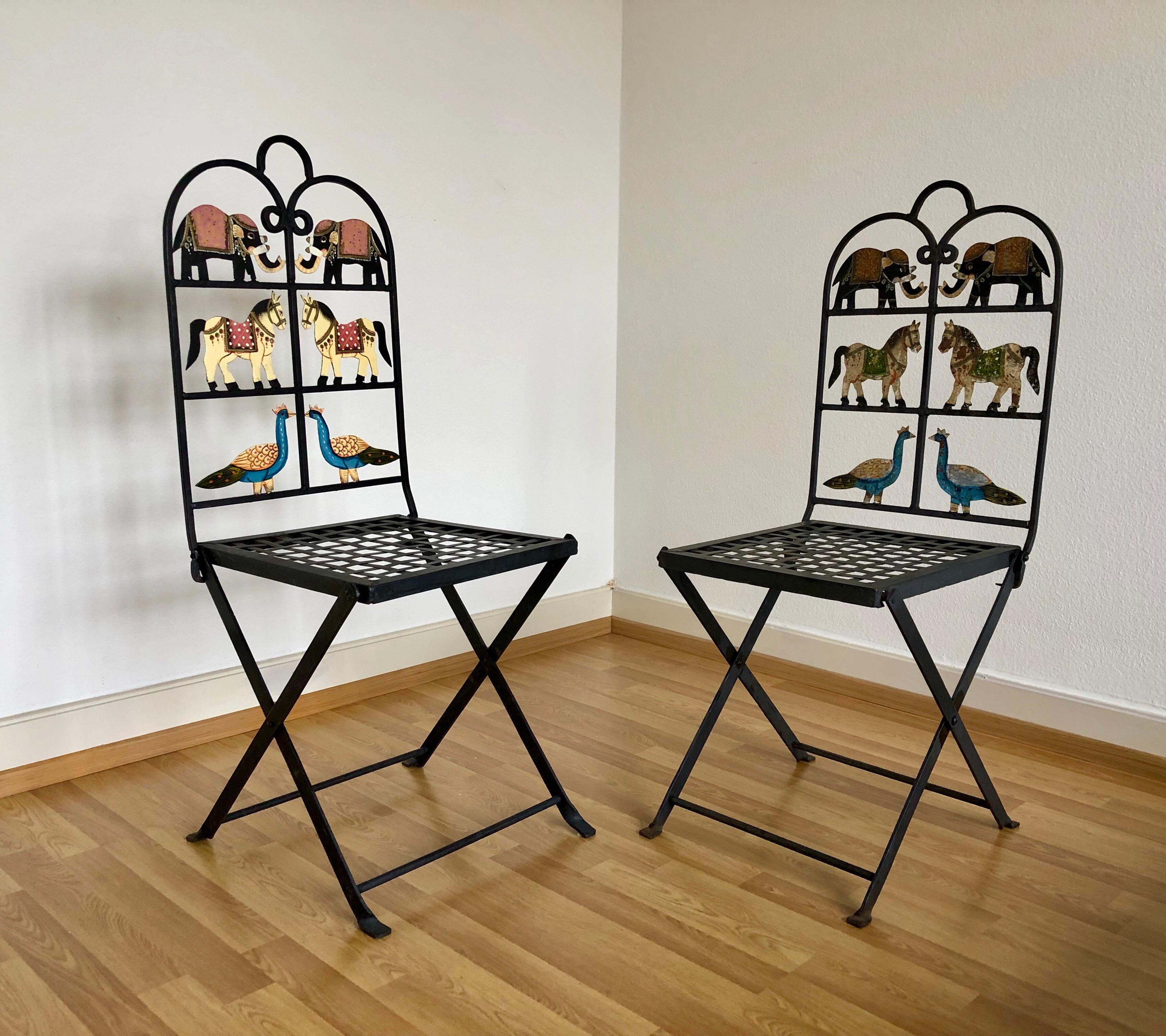 Mid-Century Modern Paire de chaises de jardin pliantes en fer forgé avec animaux:: livraison gratuite