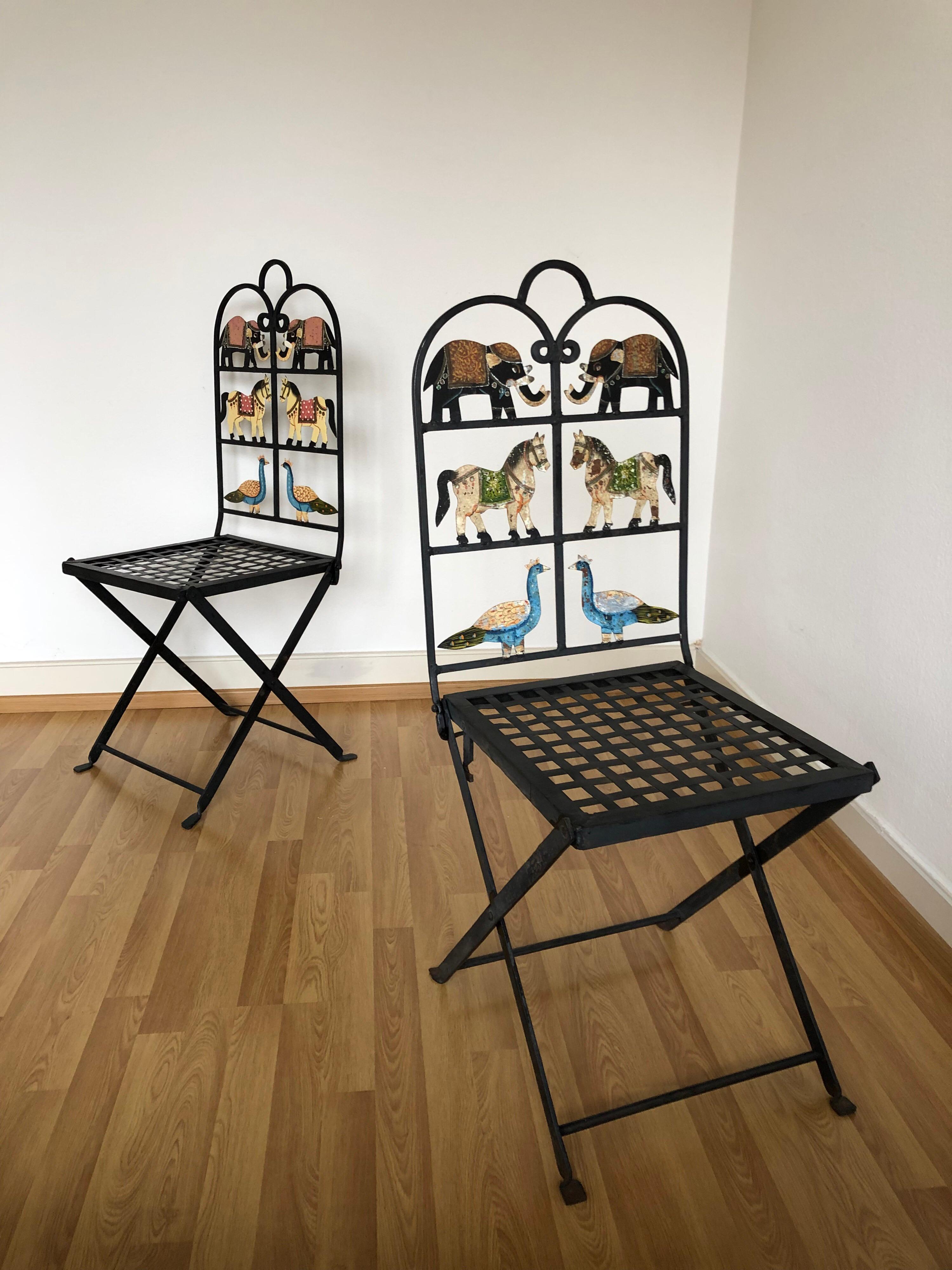 Mid-Century Modern French Foldable Pair of Wrought Iron Garden Chairs with Animals Elephants Horse