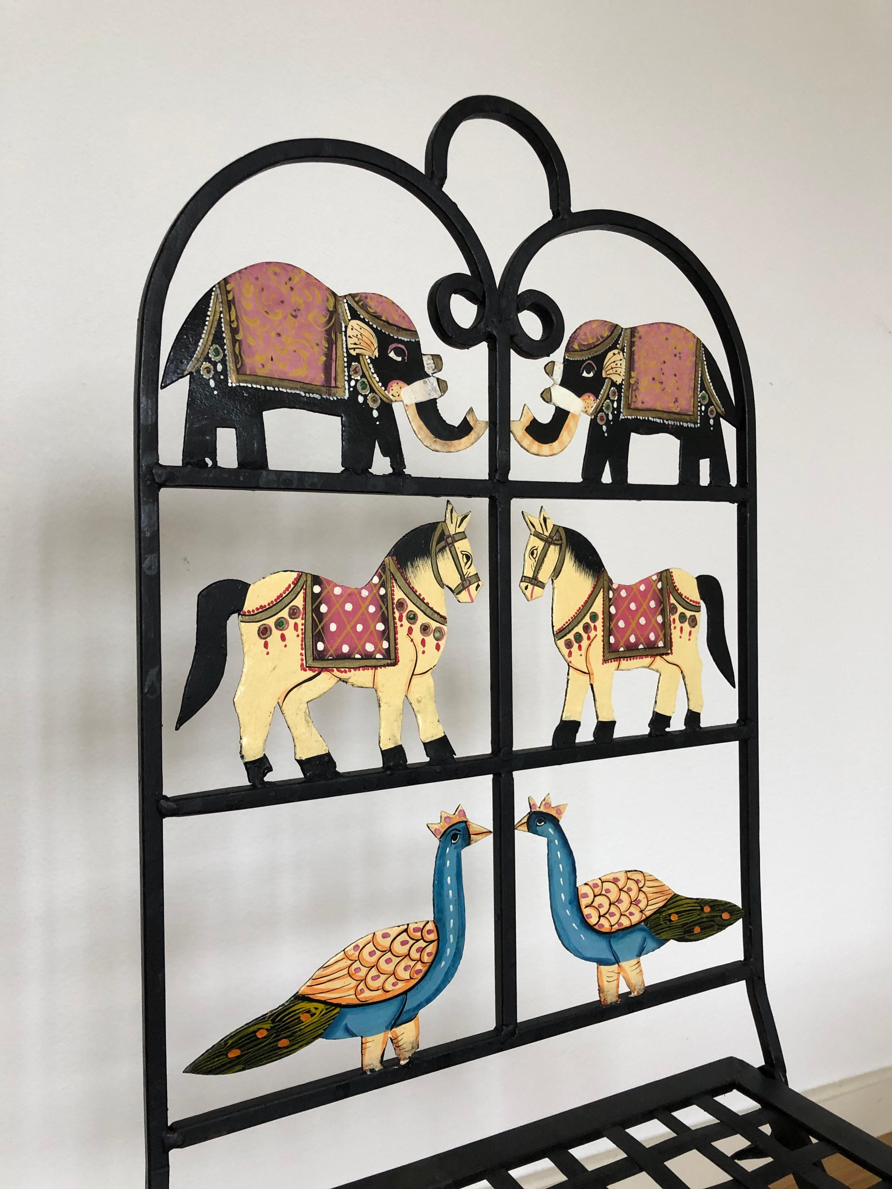 Mid-20th Century French Foldable Pair of Wrought Iron Garden Chairs with Animals Elephants Horse