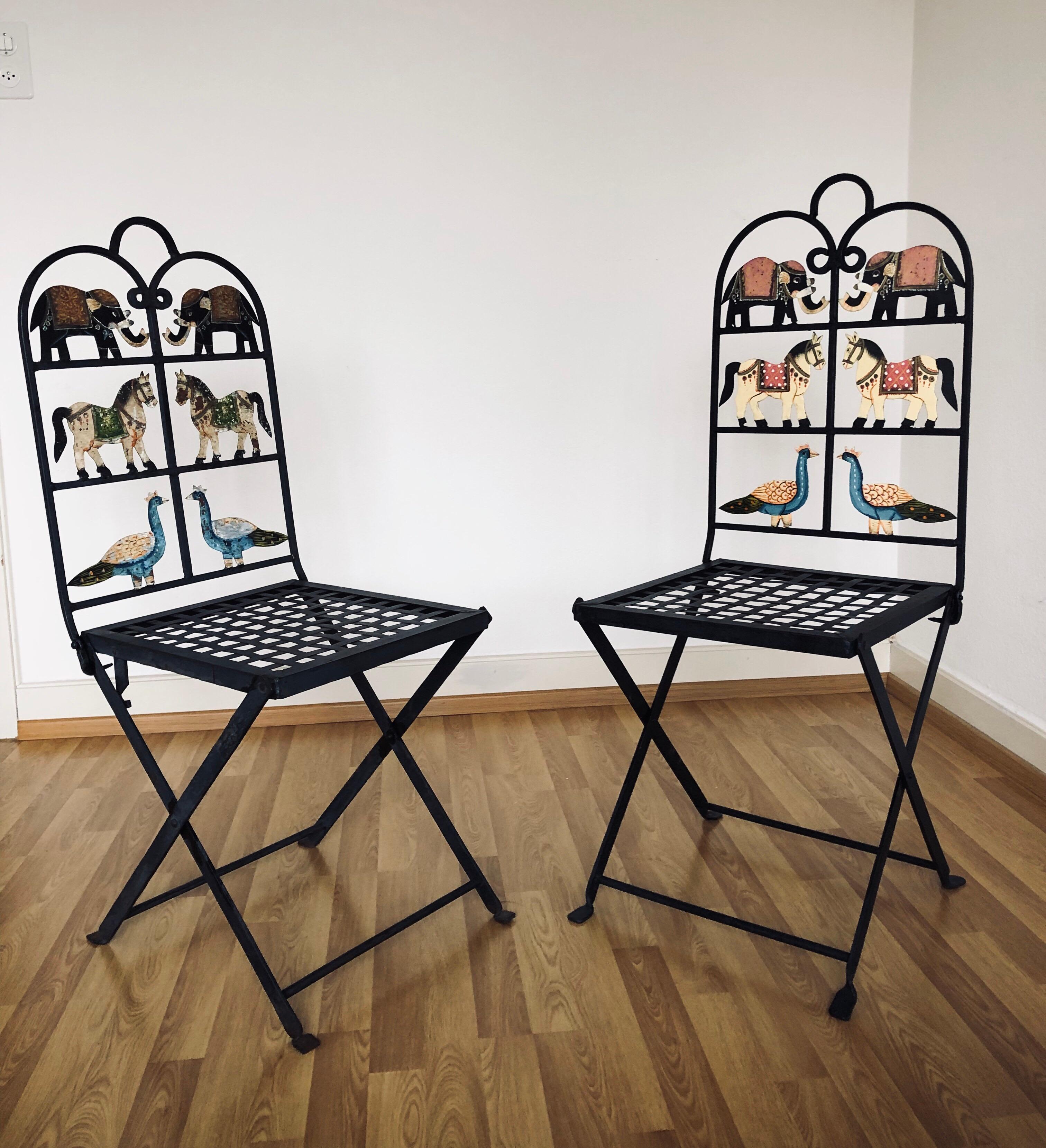 French Foldable Pair of Wrought Iron Garden Chairs with Animals Free Shipping 2