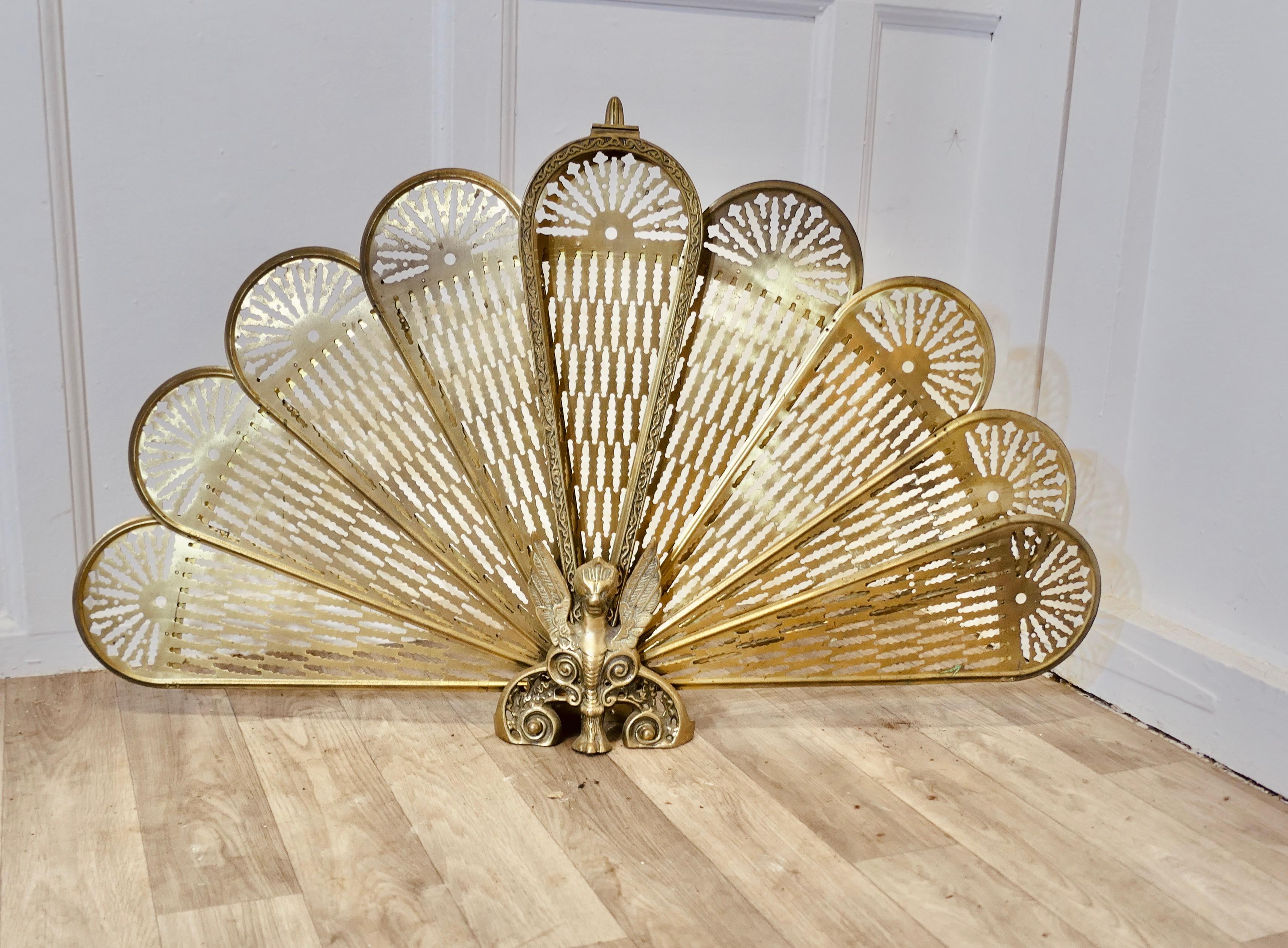 French Folding Brass Fan Fire Screen Peacock’s Tail Fire Guard For Sale 1