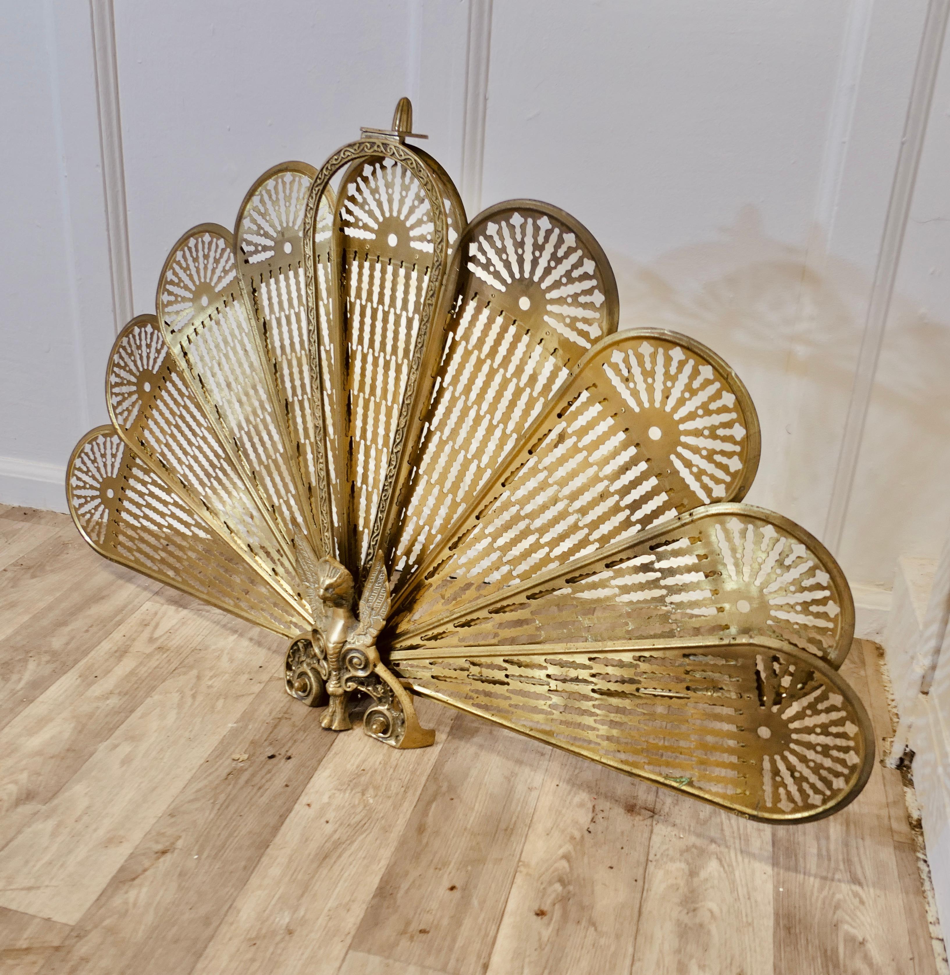 French Folding Brass Fan Fire Screen Peacock’s Tail Fire Guard For Sale 2