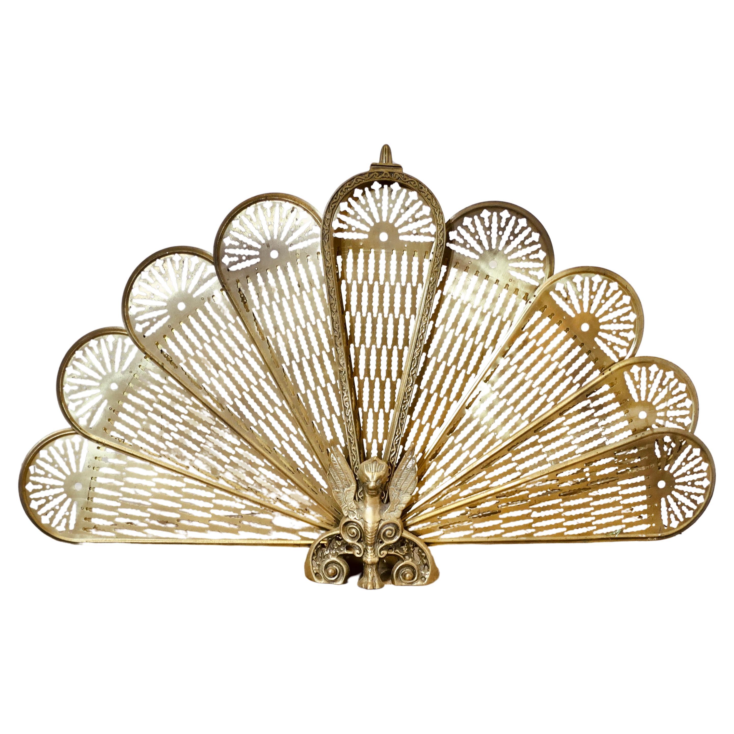 French Folding Brass Fan Fire Screen Peacock’s Tail Fire Guard