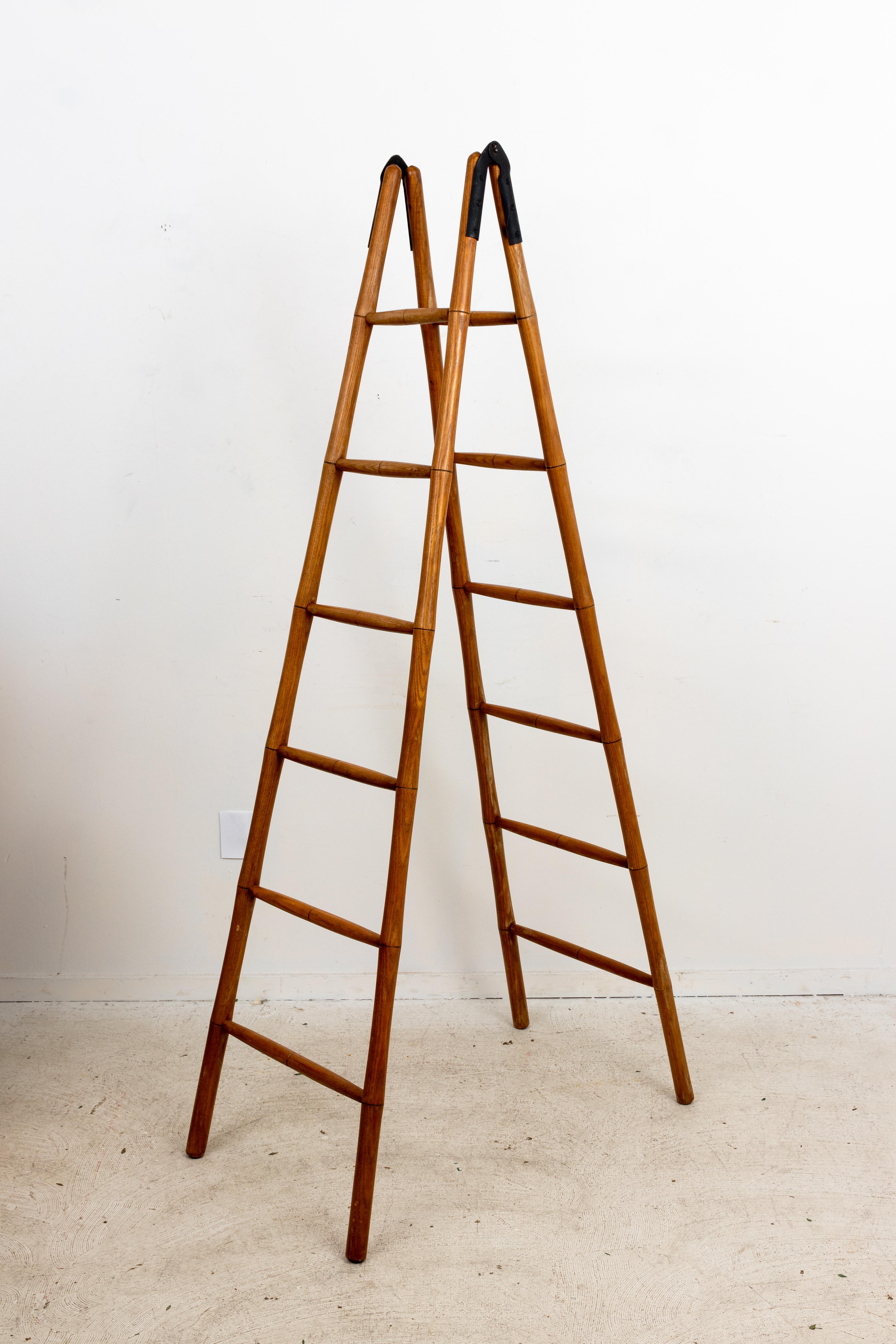 French faux bamboo library ladder, stamped FRANCE. Blacksmith made iron hardware. Can also be used as a quilt rack for display.