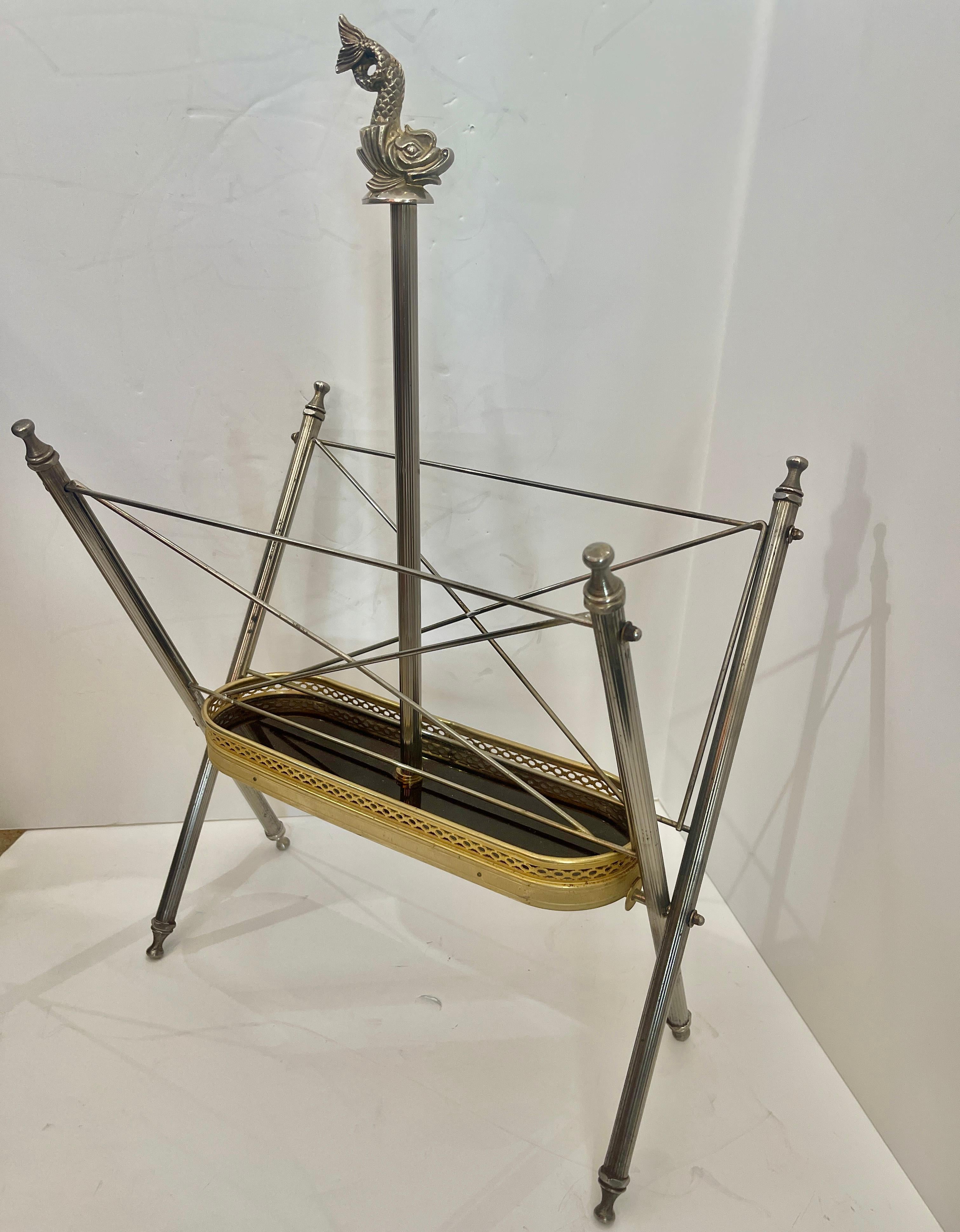 Mid-20th Century French Folding Magazine Rack, Neoclassical Style in Gilt Metal & Silver, 1950s For Sale