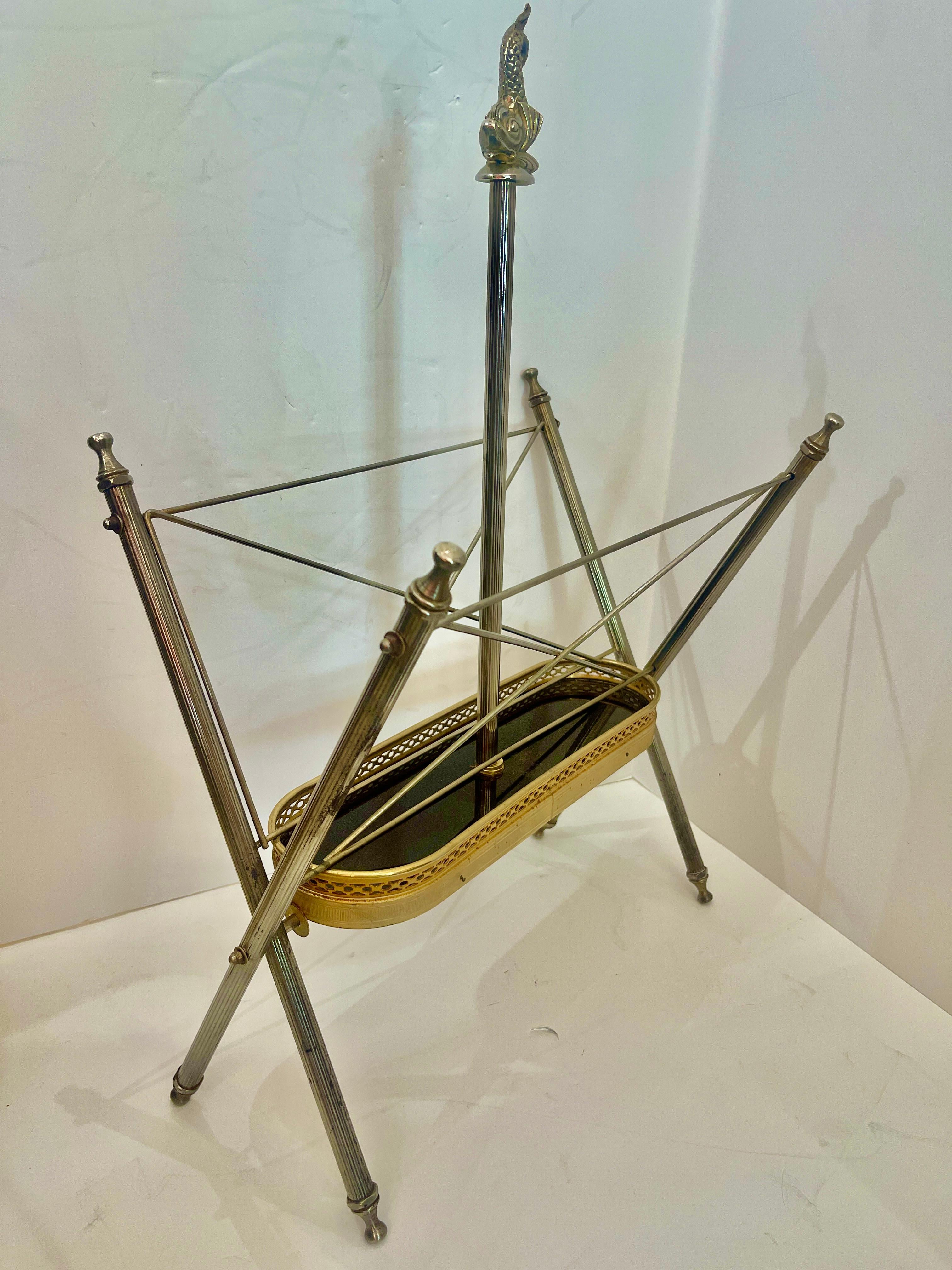 French Folding Magazine Rack, Neoclassical Style in Gilt Metal & Silver, 1950s For Sale 4