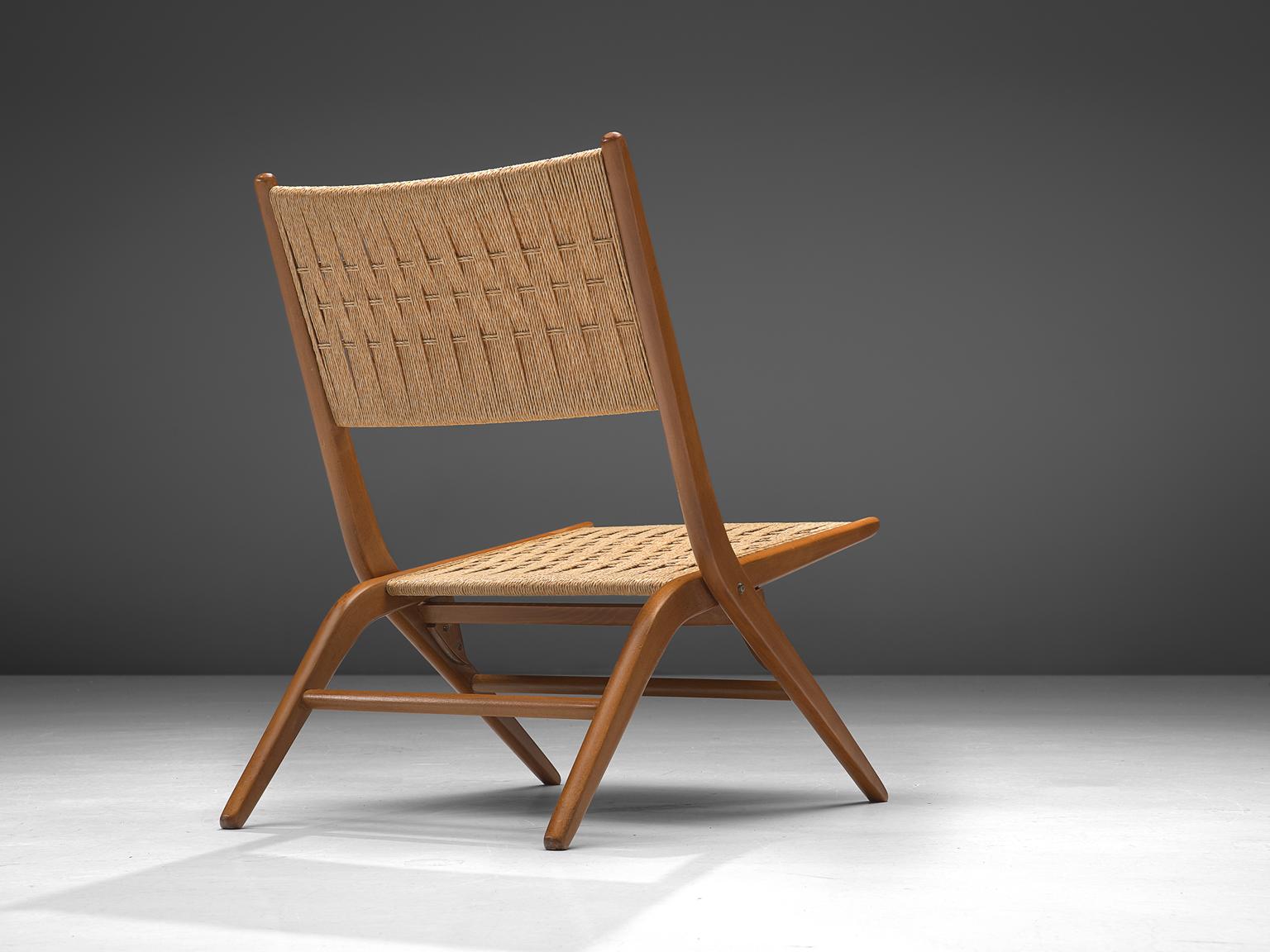Mid-Century Modern French Folding Slipper Chair with Woven Seat