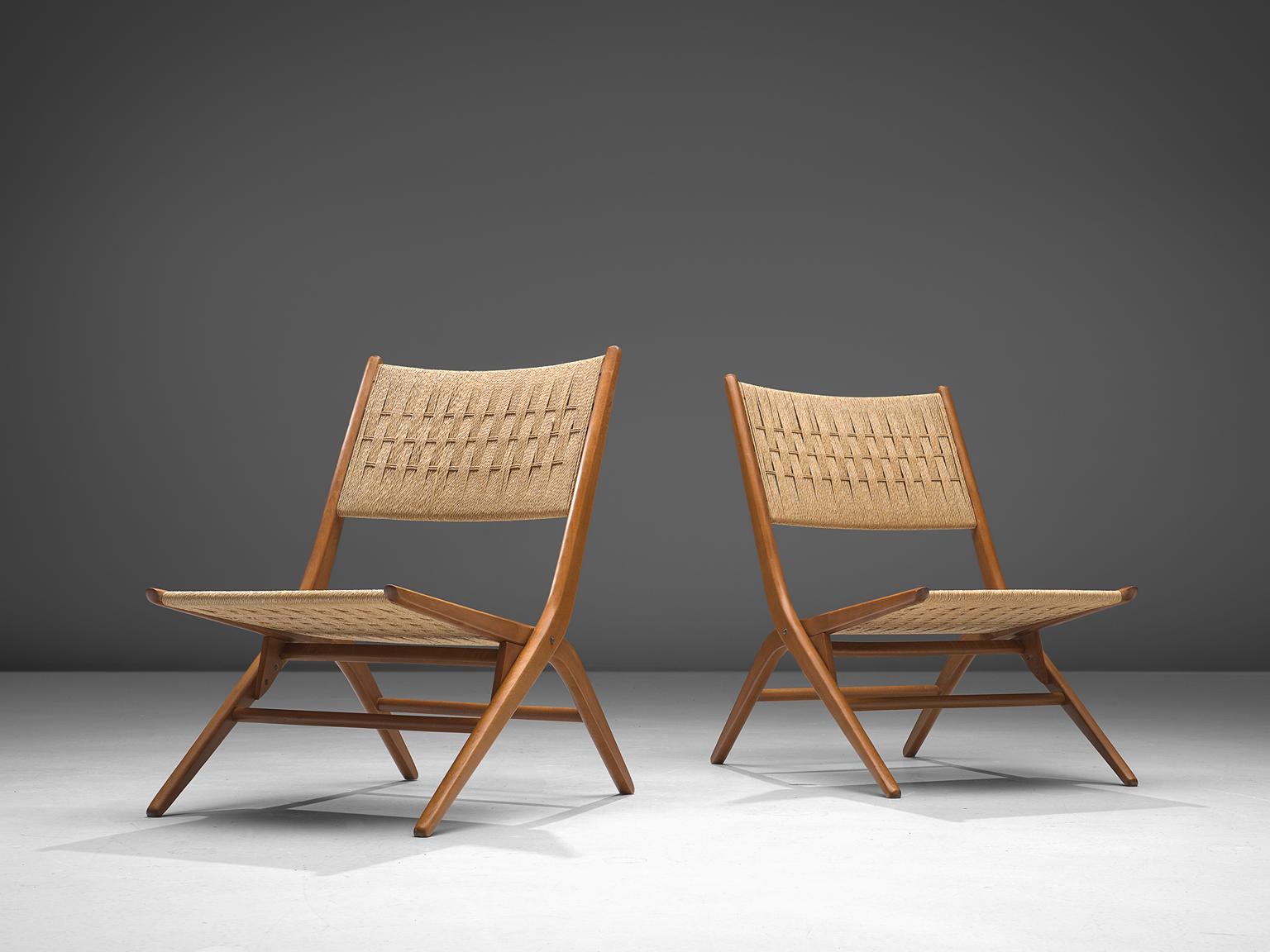 Mid-Century Modern French Folding Slipper Chairs with Woven Seat