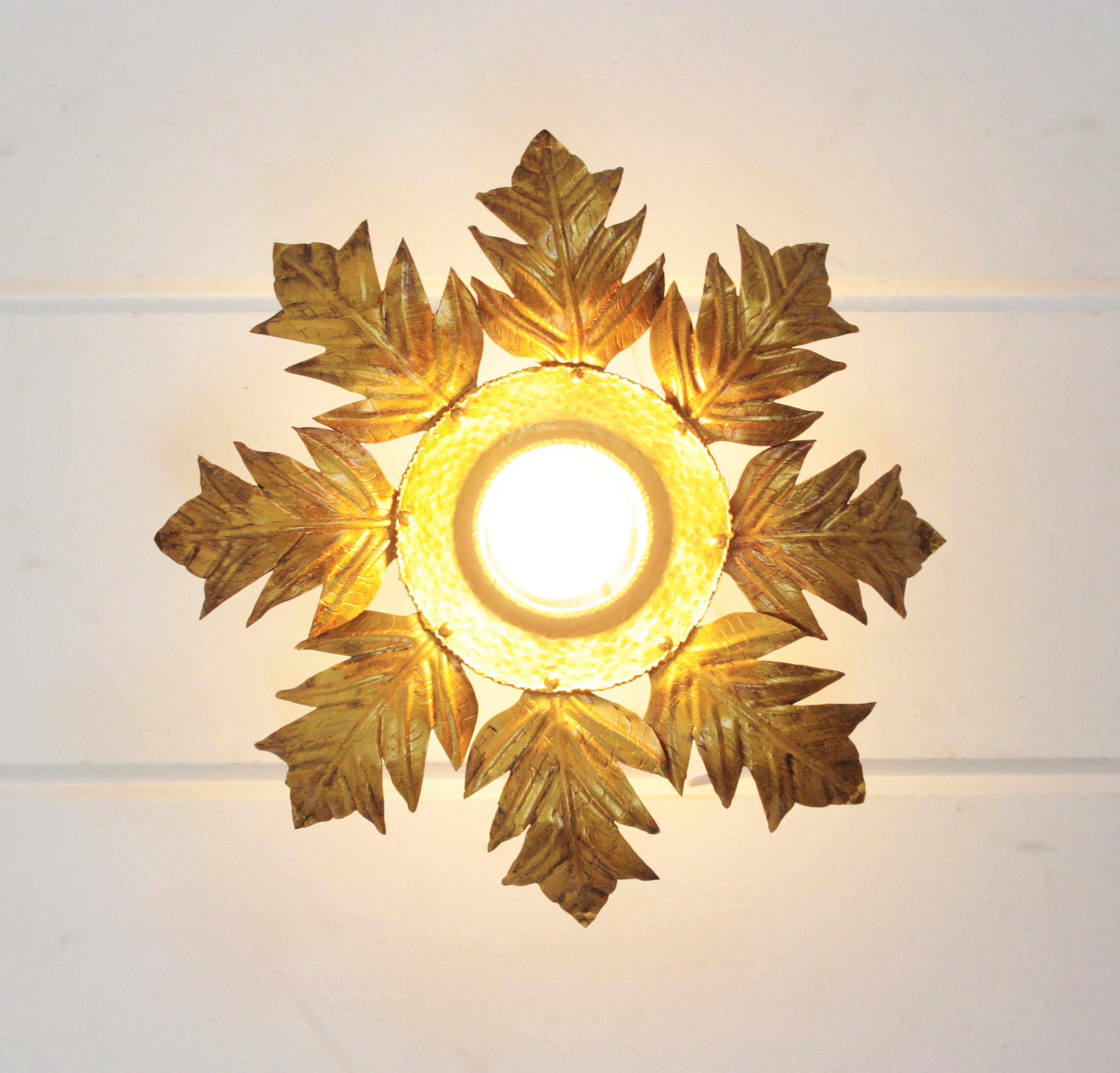 French Foliage Light Fixture in Gilt Iron, 1950s For Sale 4