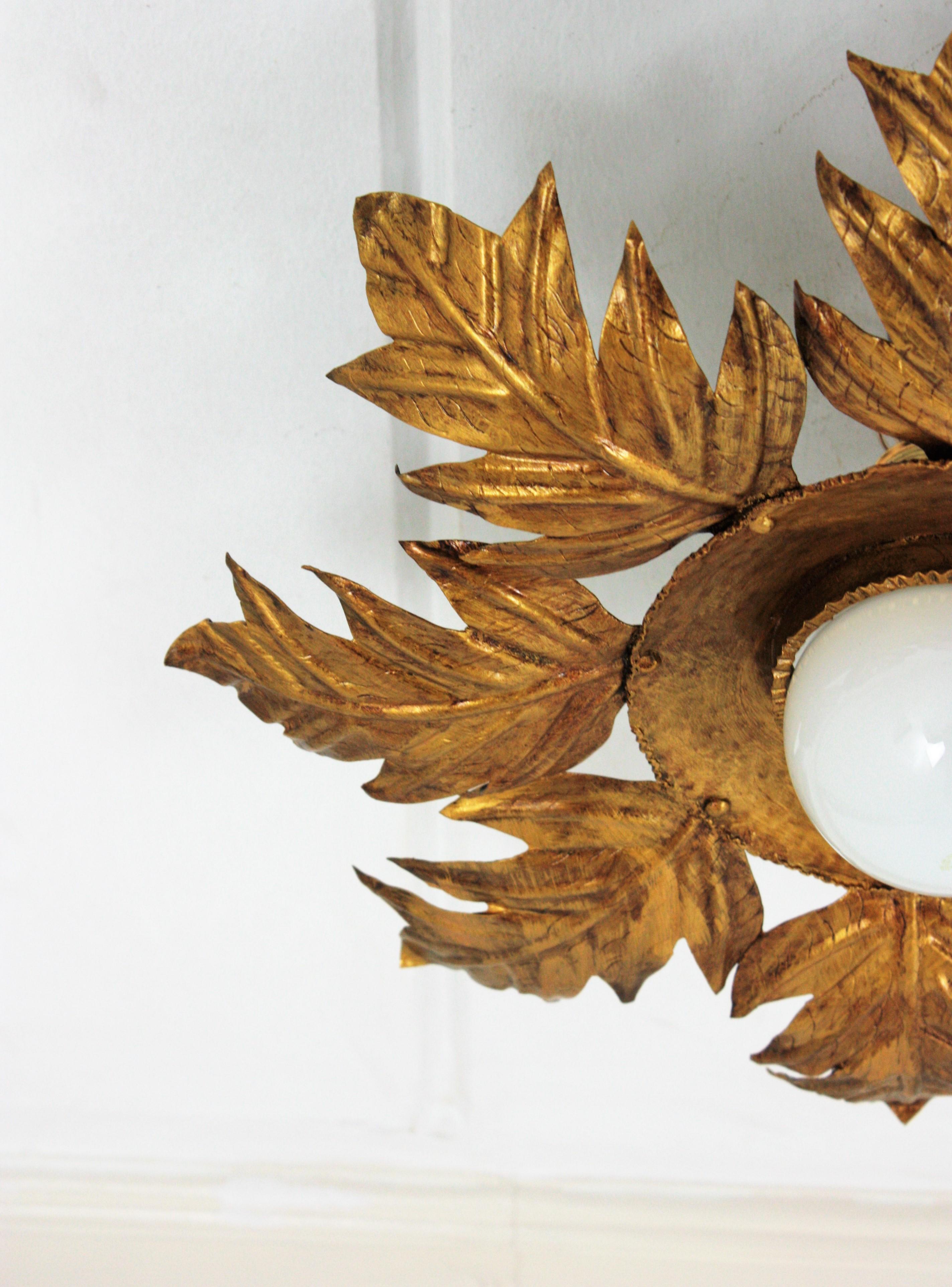 French Foliage Light Fixture in Gilt Iron, 1950s For Sale 5