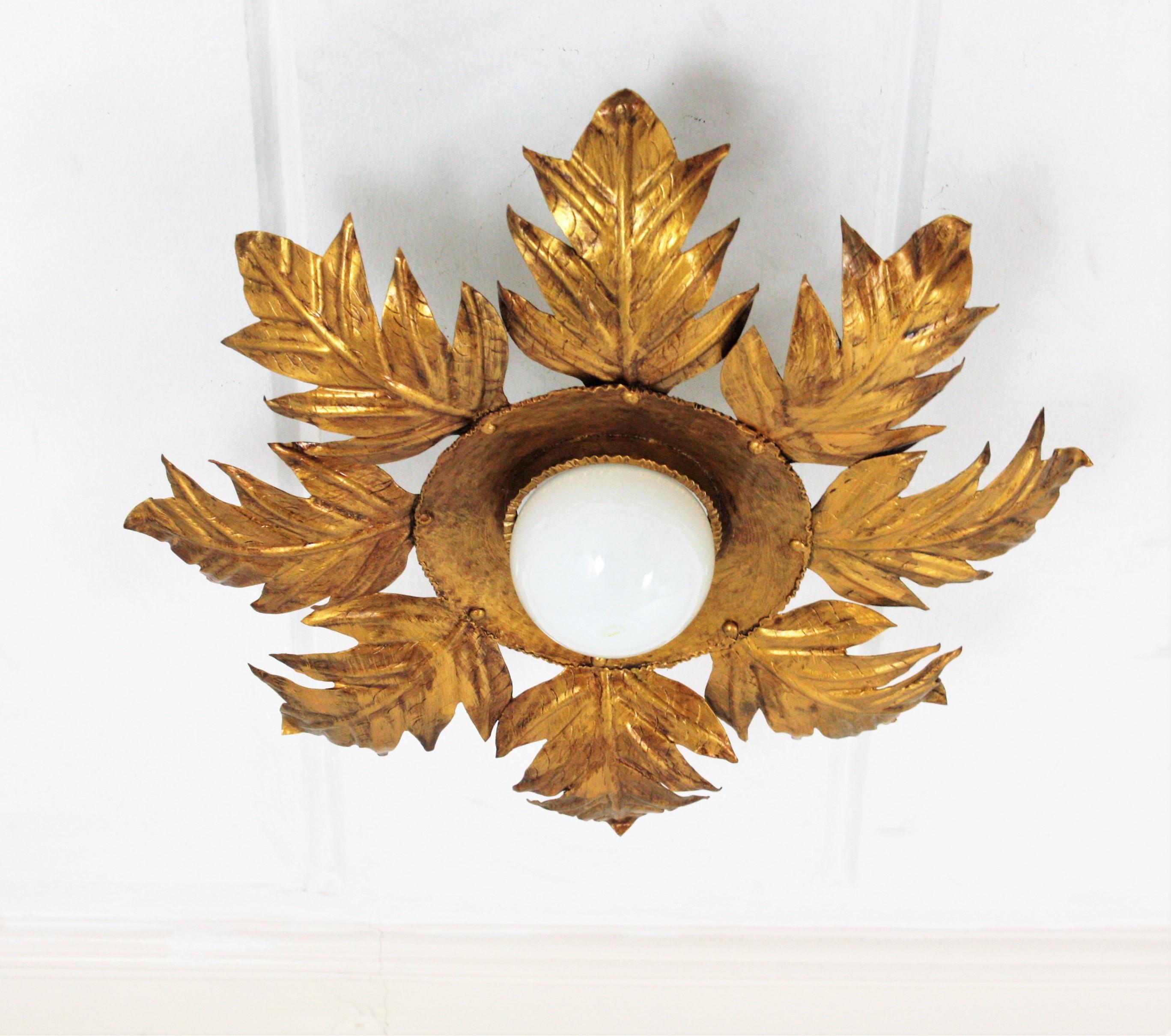Eye-catching french sunburst leaves flush mount in gilt metal, 1950s.
This leafed sunburst ceiling light fixture has a beautiful construction with large leaves surrounding a central hand-hammered ring. 
It has a central light, newly wired with an