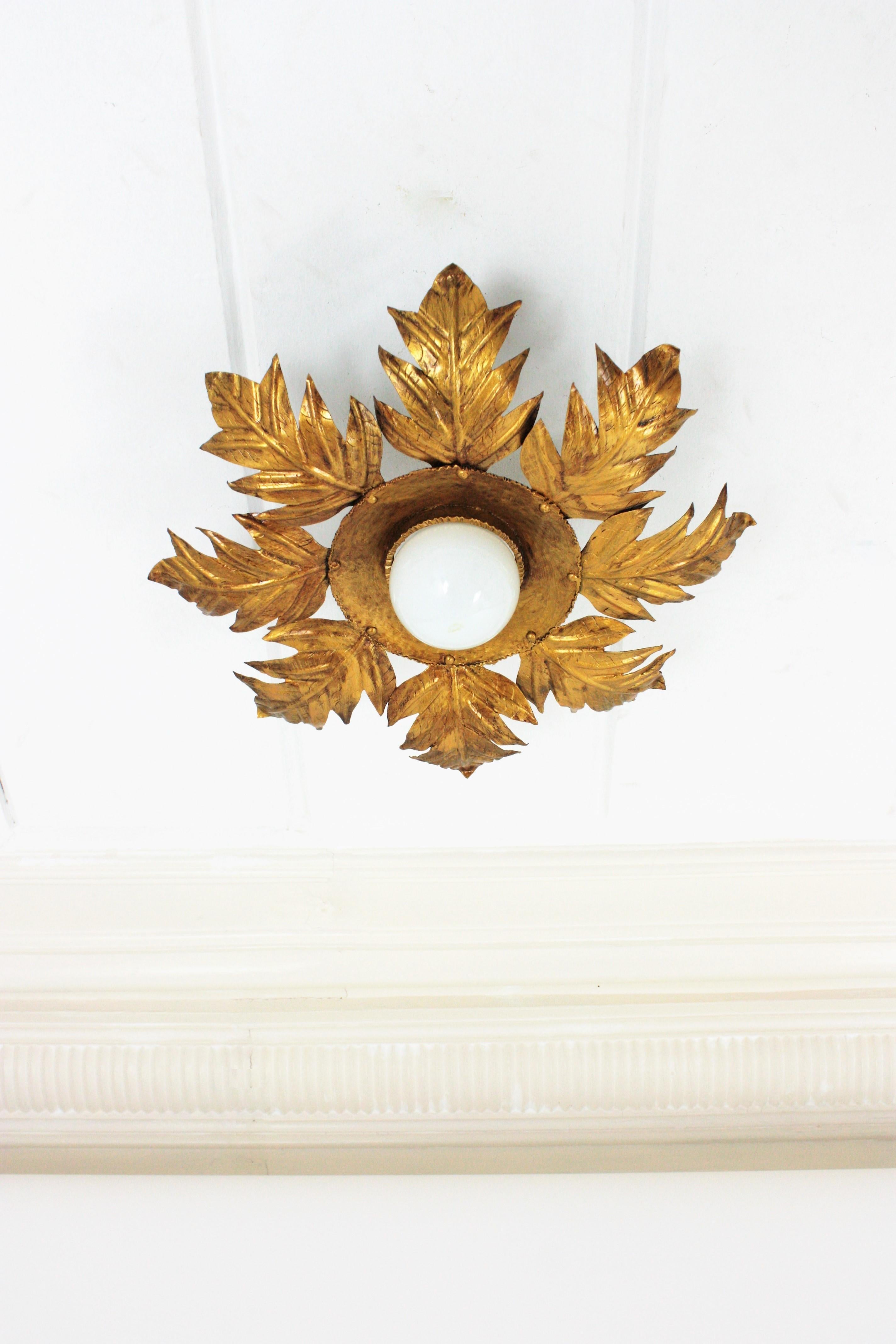 Lámpara de techo Foliage Sunburst en hierro dorado, años 50 Regencia de Hollywood en venta