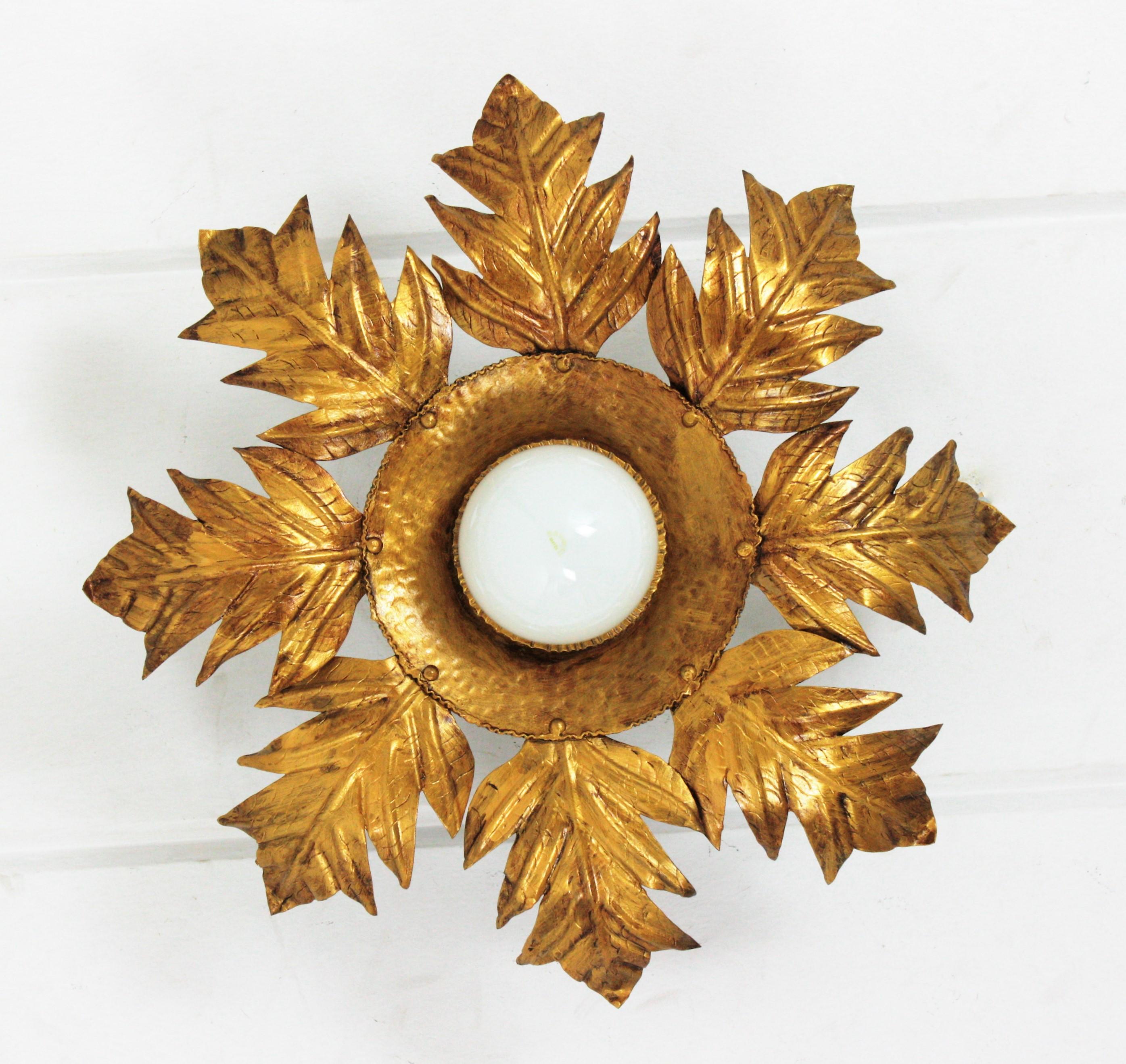 Lámpara de techo Foliage Sunburst en hierro dorado, años 50 Francés en venta