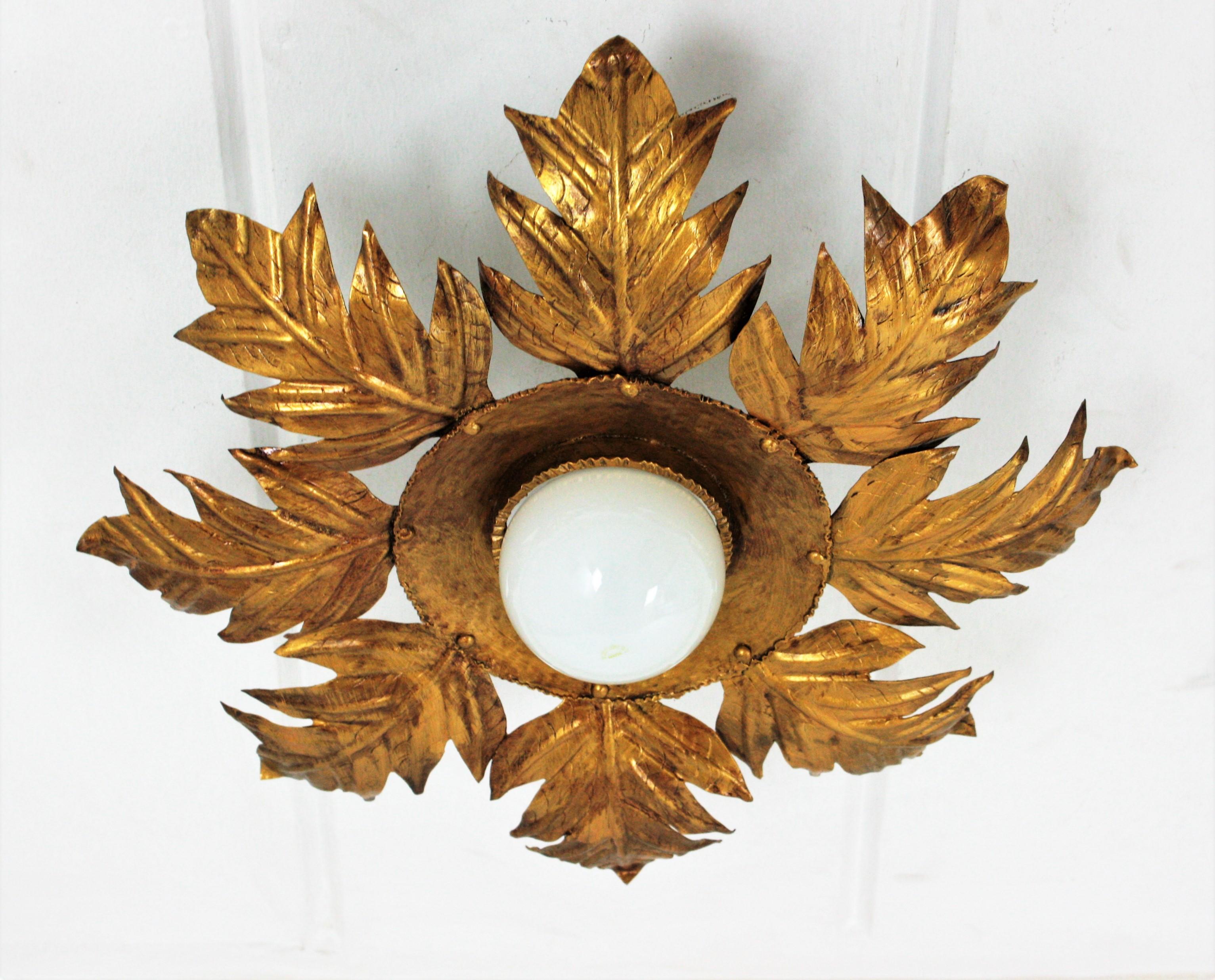 20th Century French Foliage Light Fixture in Gilt Iron, 1950s For Sale