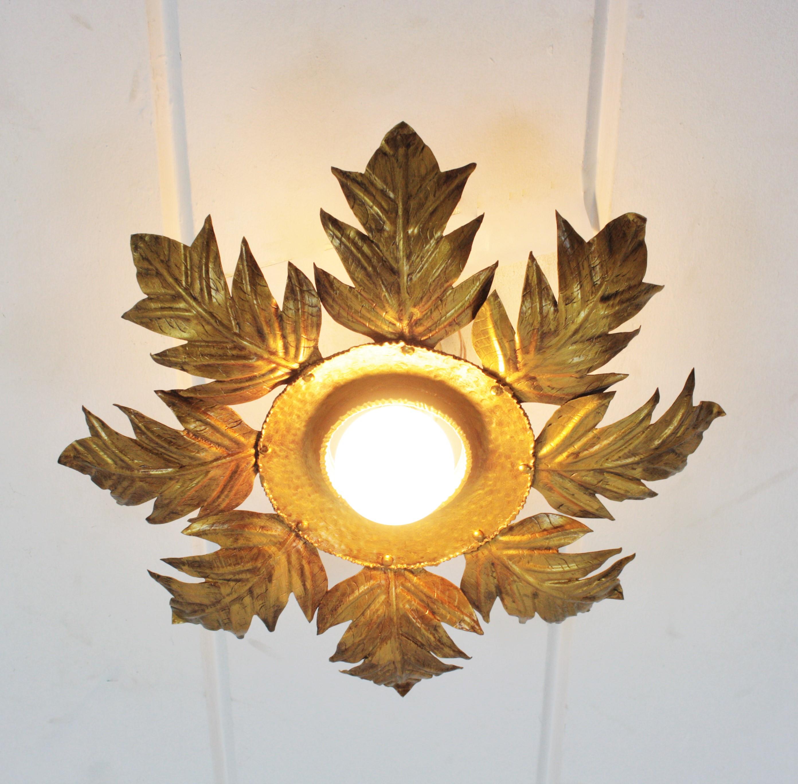 Gold Leaf French Foliage Light Fixture in Gilt Iron, 1950s For Sale