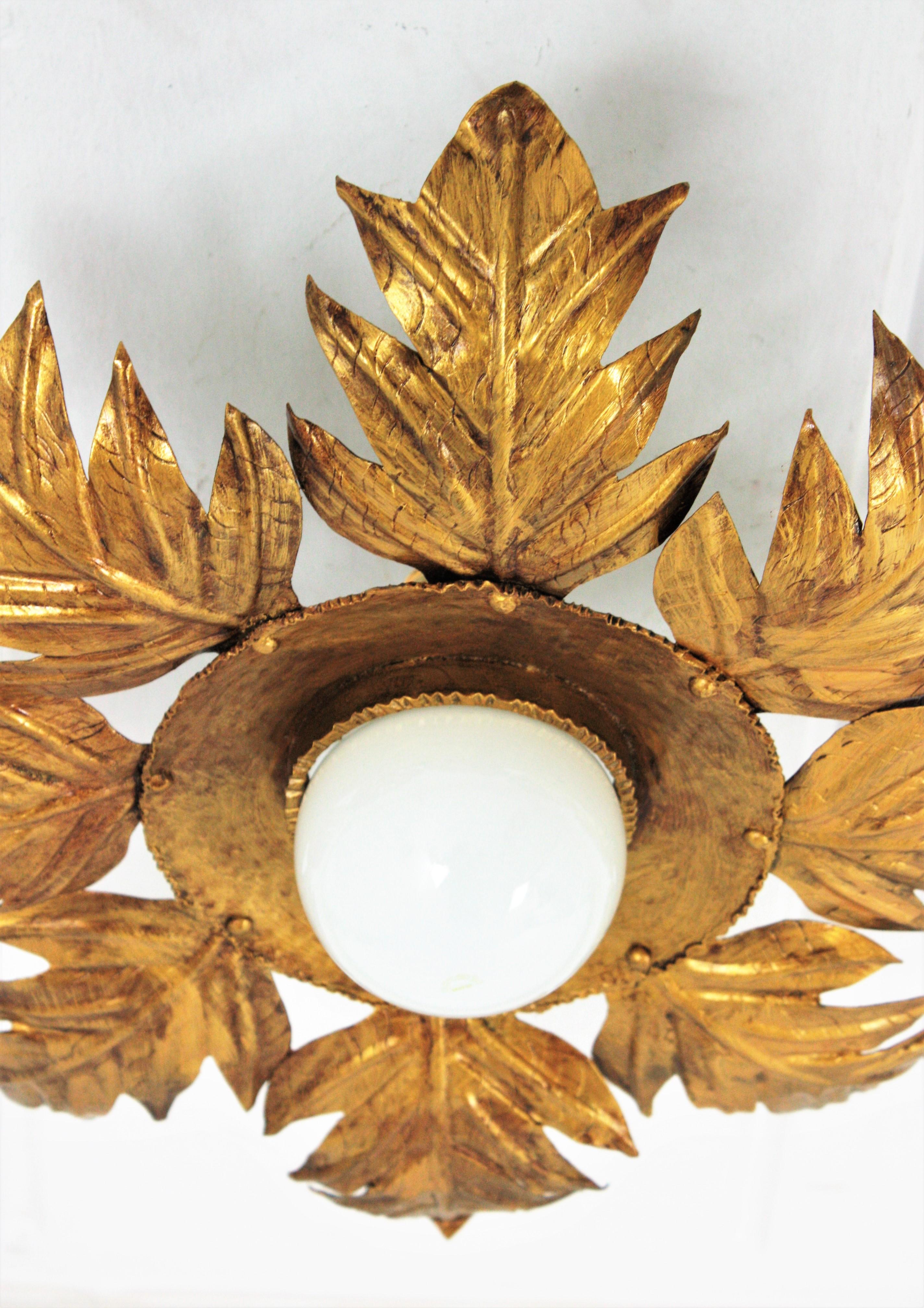 Lámpara de techo Foliage Sunburst en hierro dorado, años 50 Metal en venta
