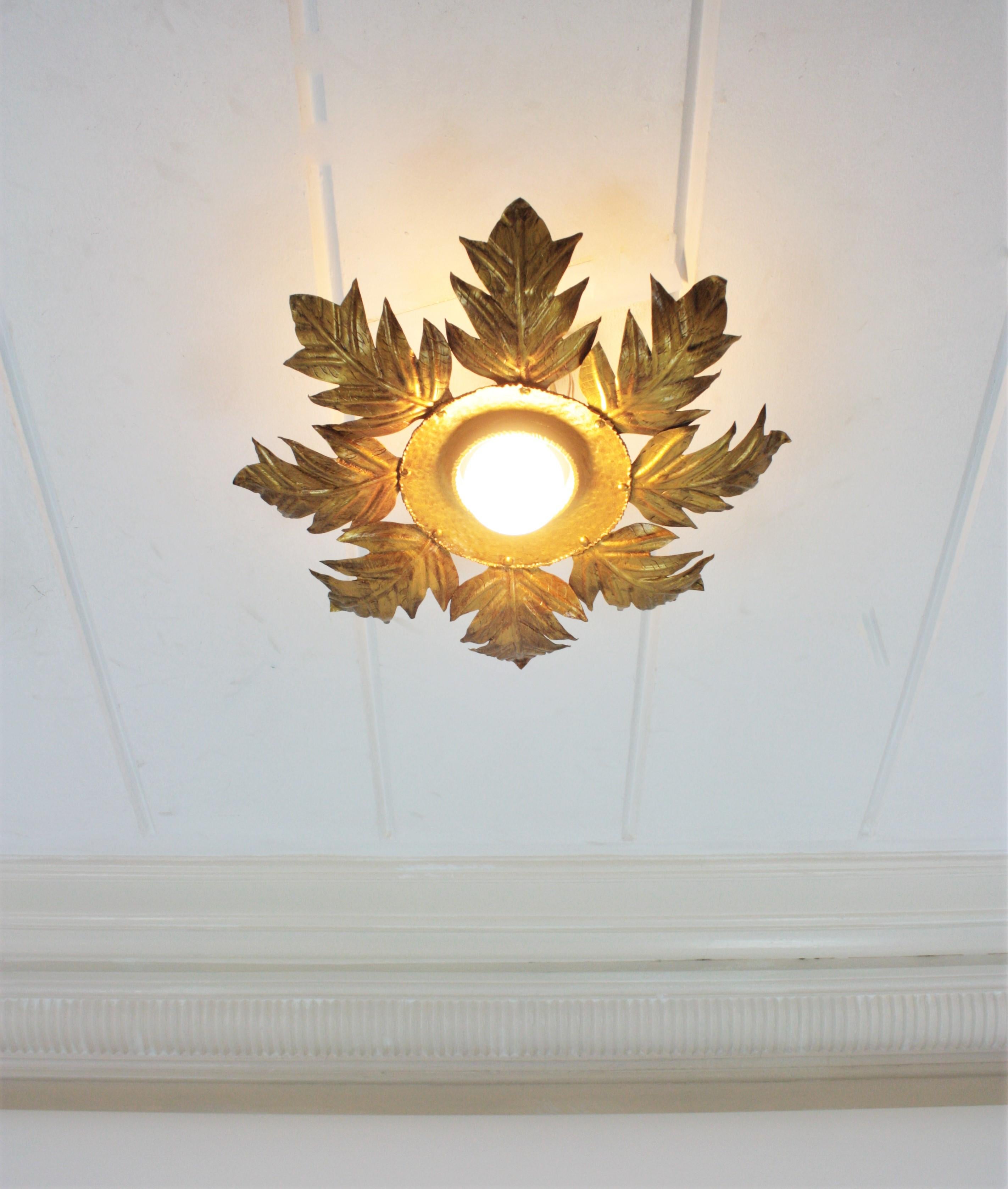 French Foliage Light Fixture in Gilt Iron, 1950s For Sale 2
