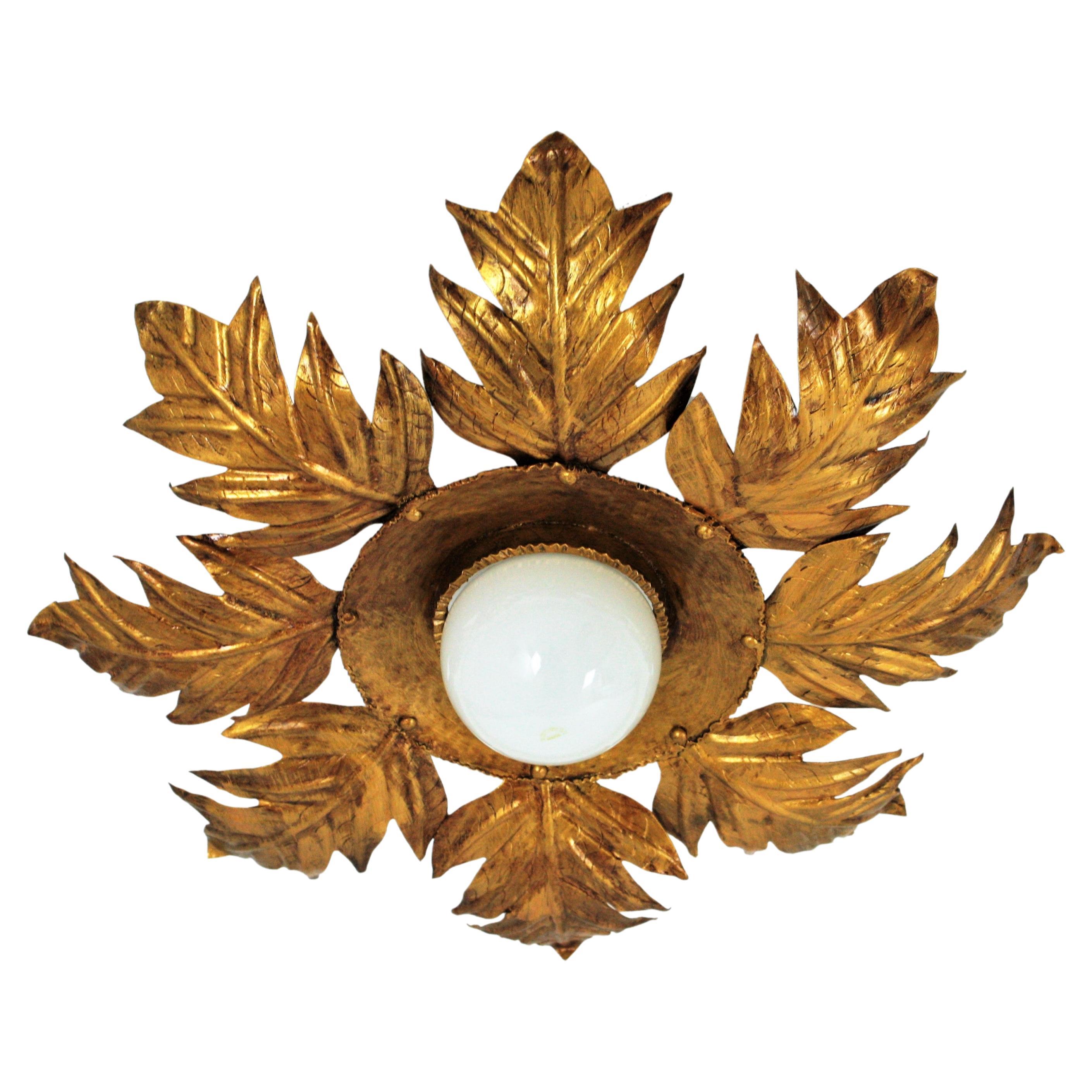 French Foliage Light Fixture in Gilt Iron, 1950s