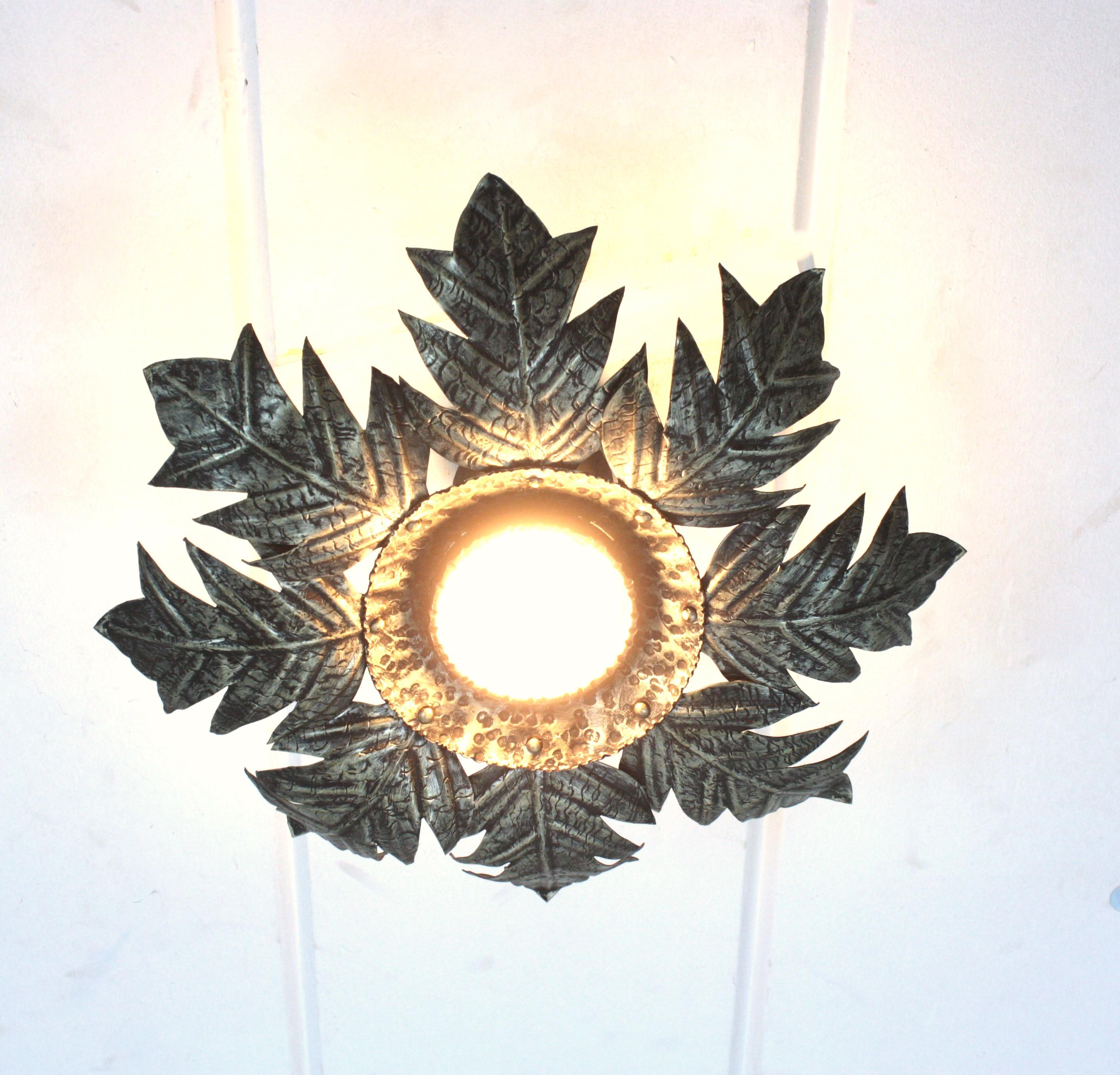 French Foliage Sunburst Light Fixture in Silvered Iron, 1950s  For Sale 3