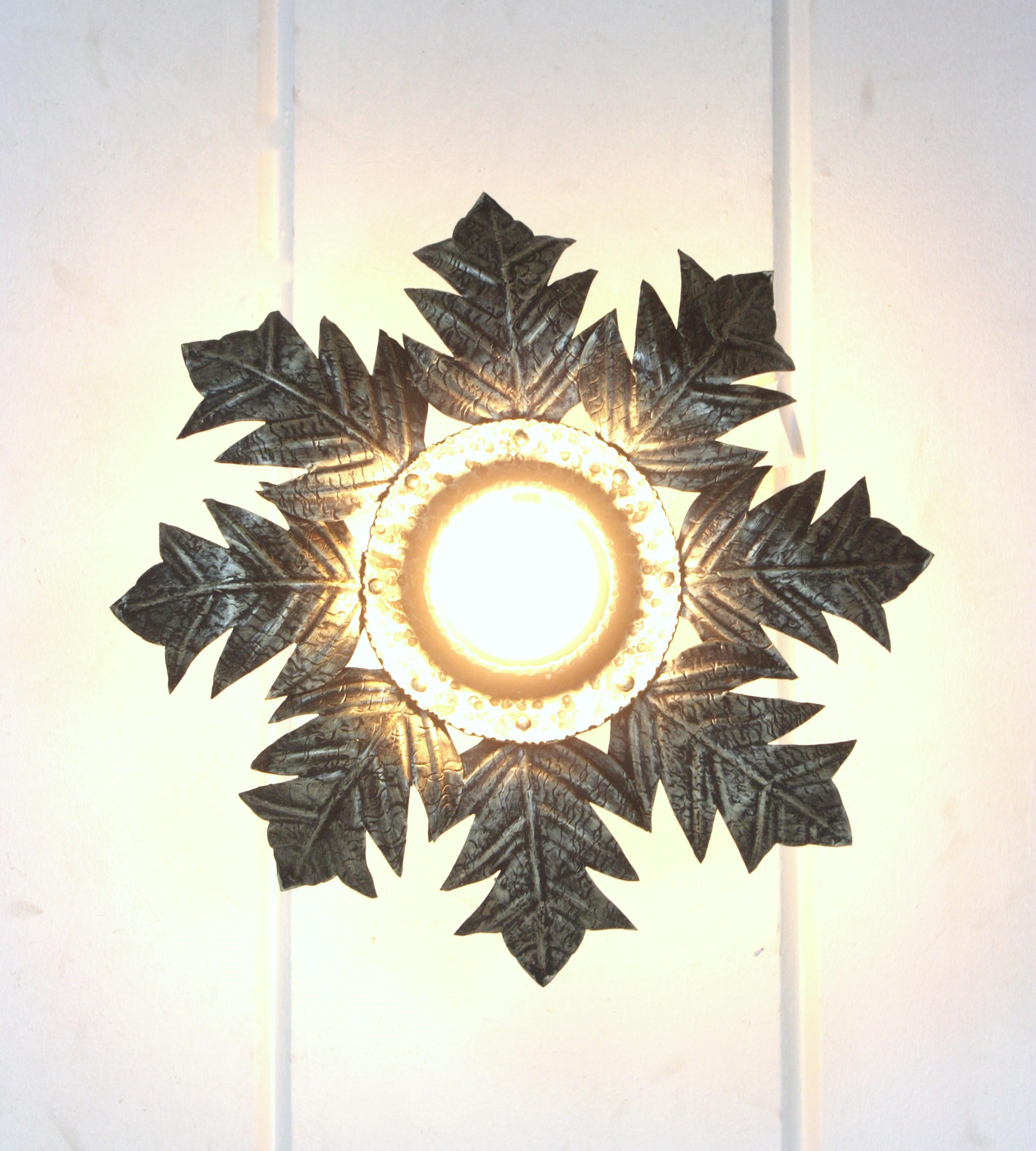 French Foliage Sunburst Light Fixture in Silvered Iron, 1950s  For Sale 5