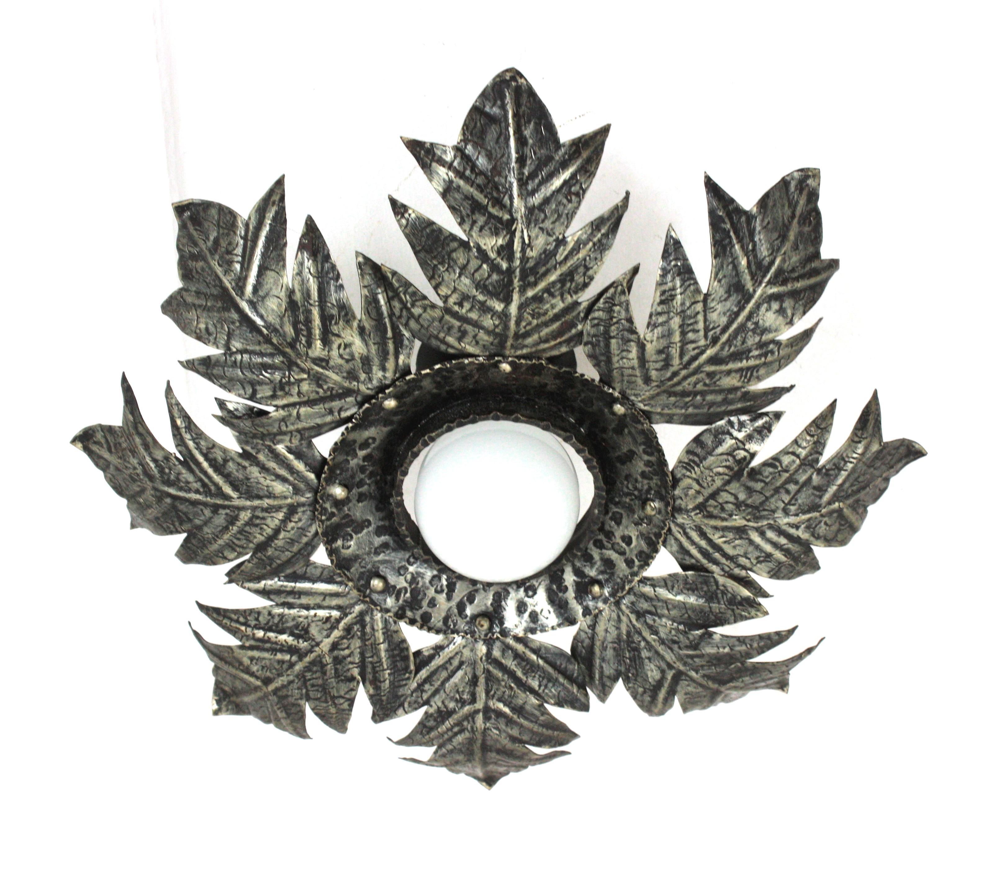 French Foliage Sunburst Light Fixture in Silvered Iron, 1950s  For Sale 6